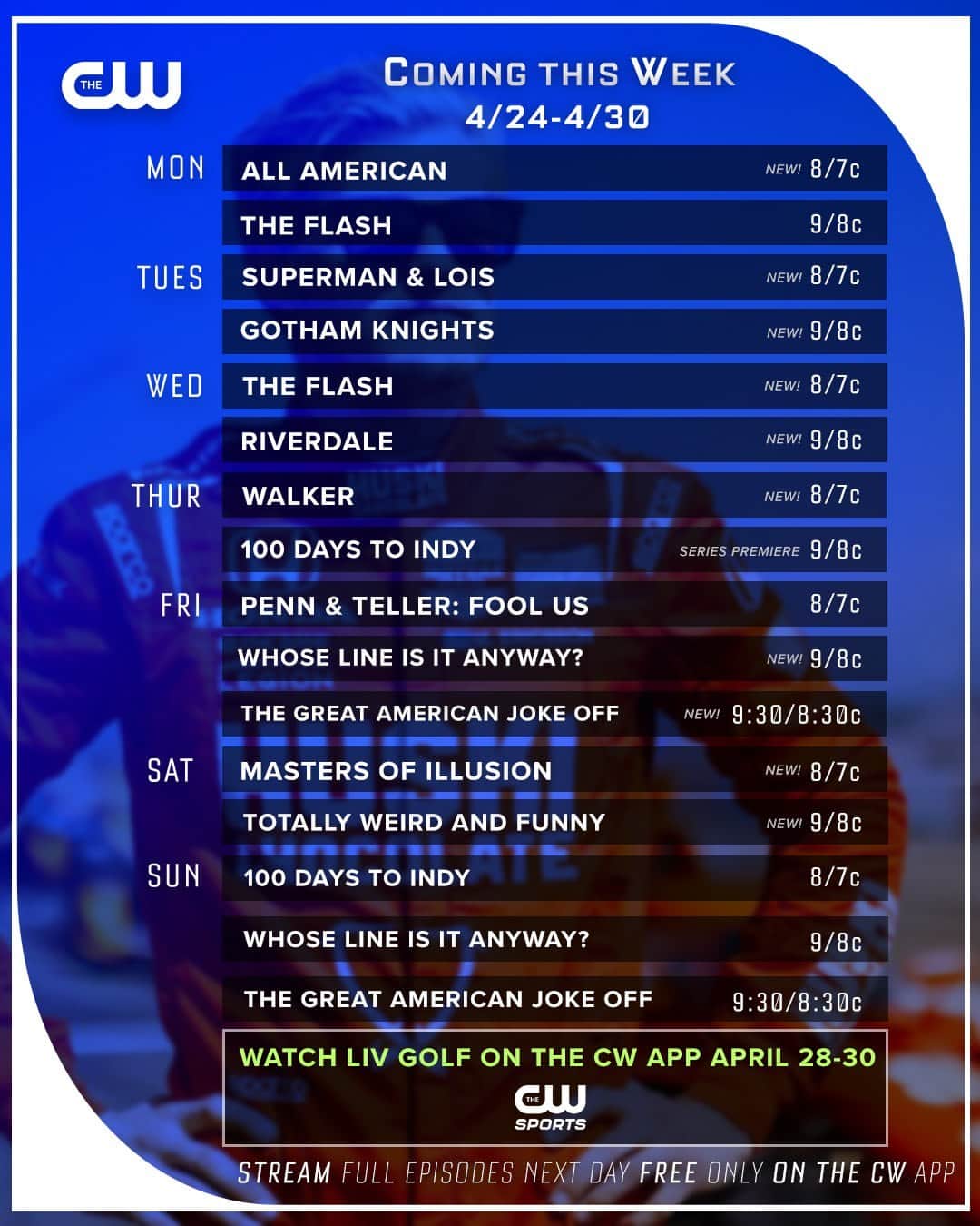 The CWのインスタグラム：「Start your engines 🏁 🏎 Check out what's airing #ThisCWeek!」