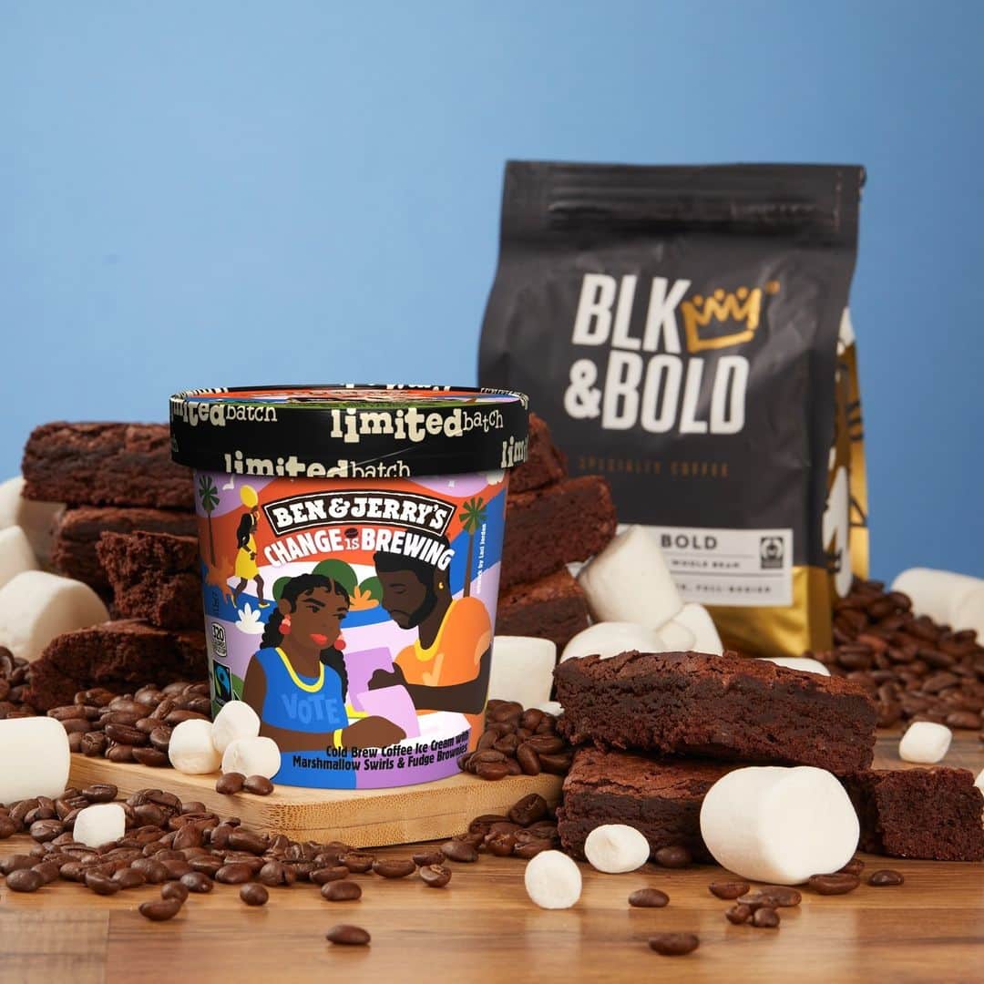 Ben & Jerry'sのインスタグラム：「📣 LAST CHANCE! 📣 Grab Limited Batch Change is Brewing ice cream while it lasts! Find pints near you at the link in our bio.  ☕️ We had a blast collaborating with @blkandbold coffee to make this flavor. Co-founders Pernell and Rod visited us to say goodbye and share a final scoop (although who knows what opportunities will churn up in the future?).」