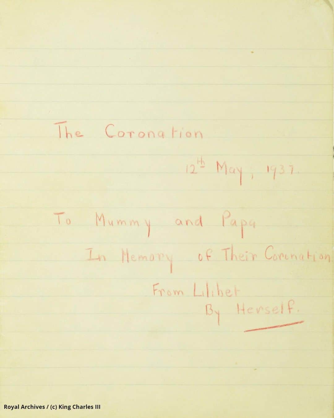 ロイヤル・ファミリーのインスタグラム：「Today, as we look at King George VI Coronation in 1937 as part of our #MonarchMonday 👑 series, we’re featuring a very special memory of the day from the eleven-year-old Princess Elizabeth, later Queen Elizabeth II.   The front cover of her account is visible here, and we’ve shared a quote below, as well as a photo of the young princess in her coronation dress standing with her parents, King George VI and Queen Elizabeth, and sister, Princess Margaret.   ~~~~~ “To Mummy and Papa In Memory of Their Coronation From Lilibet By Herself” ~~~~~ "I thought it all very, very wonderful and I expect the Abbey did, too. The arches and beams at the top were covered with a sort of haze of wonder as Papa was crowned, at least I thought so.”  #GeorgeVI #ElizabethII #MonarchMonday #Coronation #RoyalFamily」