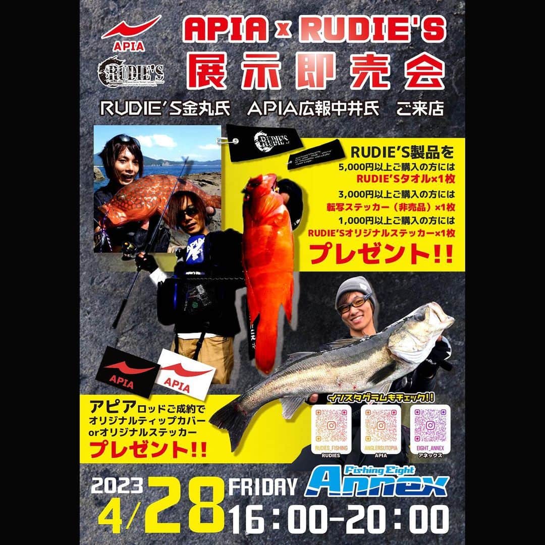 金丸竜児のインスタグラム：「今週末の金曜日と土曜日に大阪のフィッシングエイト様でAPIAとの合同イベントを実施させて頂きます。   イベント時には新製品のロックゲームシンカーやハタ喰い蝦の新色も発売予定となっております。   また、APIAからもシーバス製品の新製品ロッドはもちろんのこと、僕がテストさせて頂いたハタゲーム用のロッドも展示予定ですので是非手に取って感触を確かめて頂けたらと思います。   4/28（金）エイトAnnex店様　16:00～20:00 4/29（土）エイトイチバン池田店様　13:00～15:00   是非、最寄りの方は足を運んで下さい!! 沢山のご来店お待ちしております(^^)   #フィッシングエイト #フィッシングエイトAnnex店 #フィッシングエイトイチバン池田店 #APIA #アピア #キジハタ #ハタゲーム #シーバス #アカハタ #オオモンハタ #RUDIES #ルーディーズ」