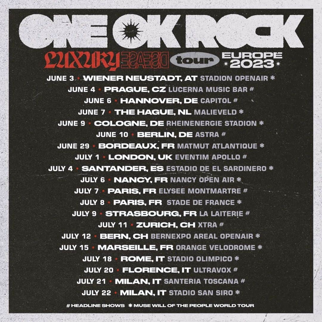 ONE OK ROCKさんのインスタグラム写真 - (ONE OK ROCKInstagram)「Excited to announce our headline shows will also be coming to Europe!!   Local Pre Sale: Wed 26th April 10 AM BST / 11 AM CEST General On Sale: Fri 28th April 10 AM BST / 11 AM CEST  [Detail] www.oneokrock.com/en/tour/  #ONEOKROCK #LuxuryDisease #tour」4月24日 18時03分 - oneokrockofficial