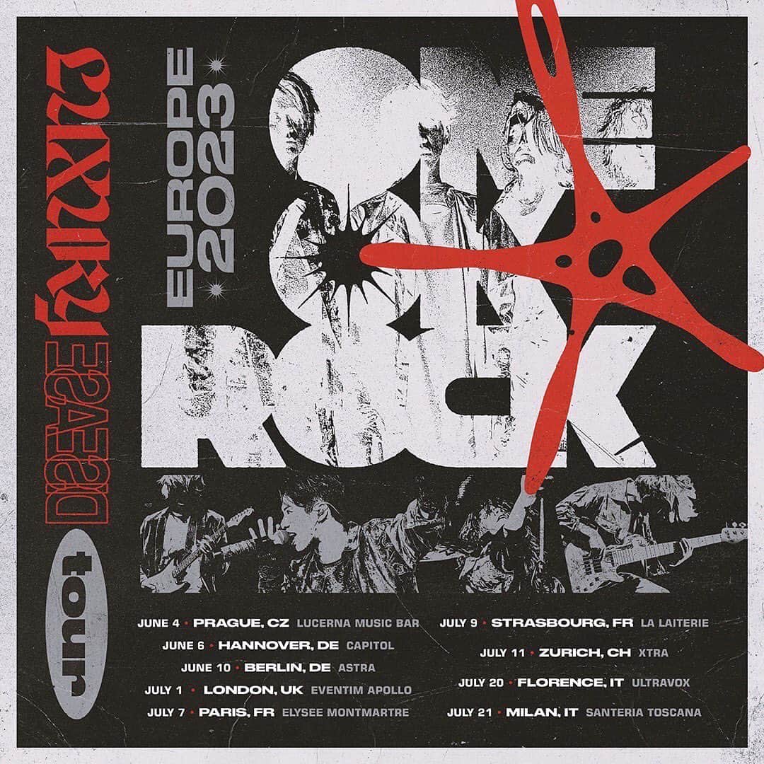 Taka のインスタグラム：「Excited to announce our headline shows will also be coming to Europe!!   Local Pre Sale: Wed 26th April 10 AM BST / 11 AM CEST General On Sale: Fri 28th April 10 AM BST / 11 AM CEST  #ONEOKROCK #LuxuryDisease #tour」