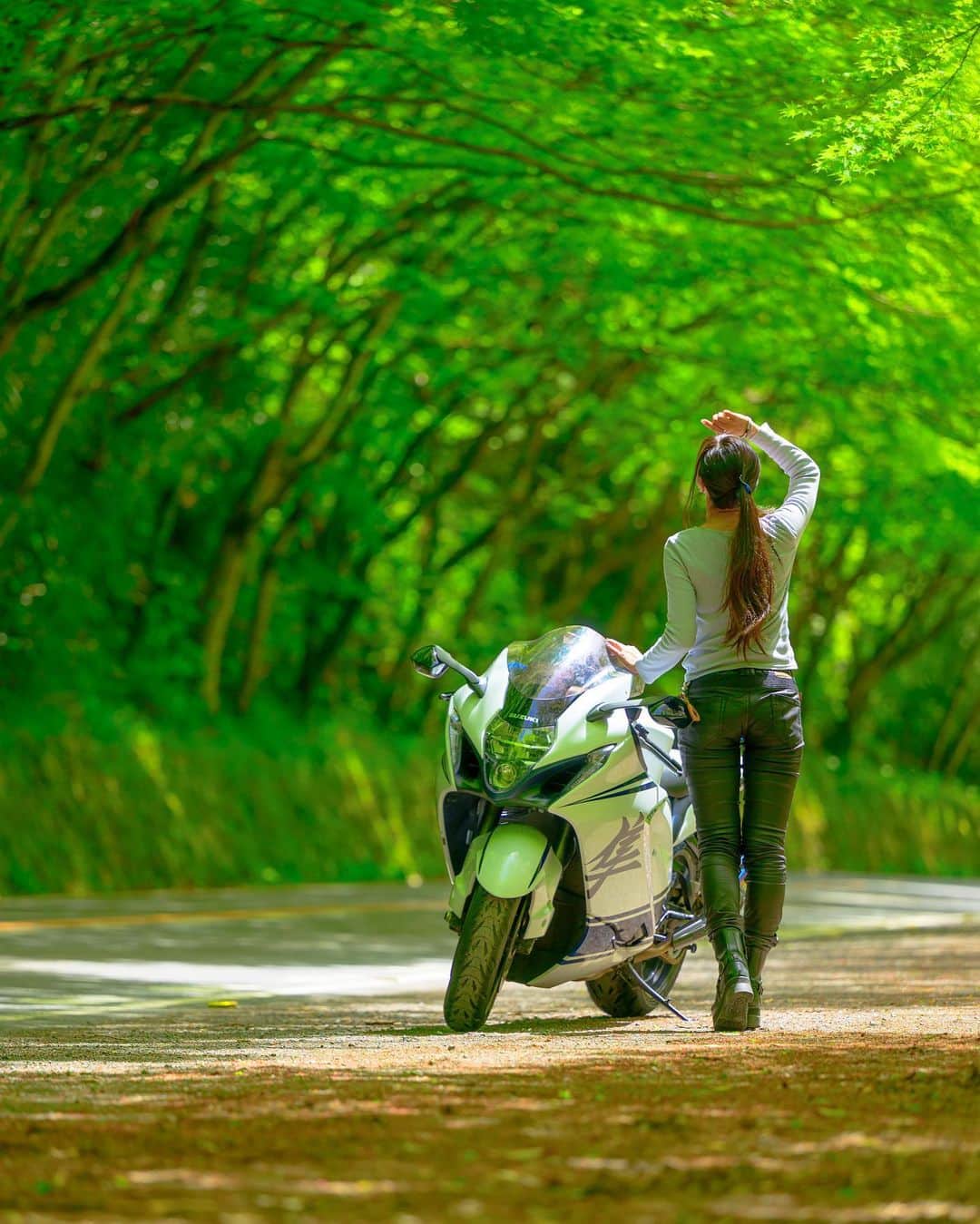 Rurikoのインスタグラム：「. . 新緑の紅葉トンネル🌿 紅葉時期も綺麗だったけど、 新緑の清々しい感じが好き✨ . Photo by @beerya.n.niki  . . Youtube channel : ruriko_675 . #suzuki #hayabusa #hayabusa1300  #gsx1300r #gsx1300  #隼 #uglybros  #mototeka #girlsbiker  #2wheellovers #wheelietime  #bikersofinstagram  #instamotorcycle #motorcyclephotography  #supersportbikes  #bike_japan #motorcyclegirl #バイク女子  #バイクのある風景」