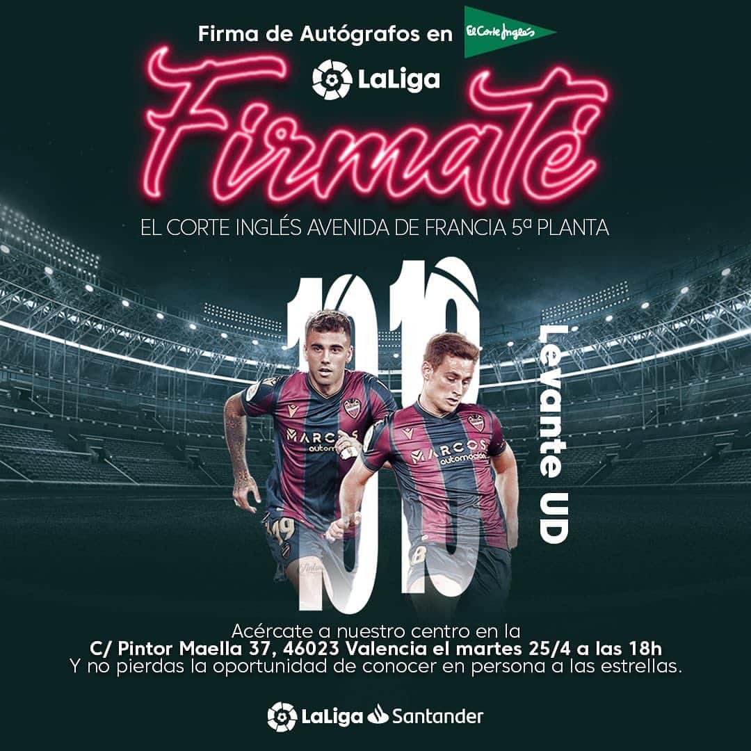 レバンテUDのインスタグラム：「FIRMA DE AUTÓGRAFOS ✍🏻  @jorge_defrutoss 1️⃣8️⃣ @rober.ic77 1️⃣9️⃣  📍@elcorteingles (Avenida de Francia) 🕒 18H 📆 25/04  ¡Os esperamos mañana, granotas 🐸!」