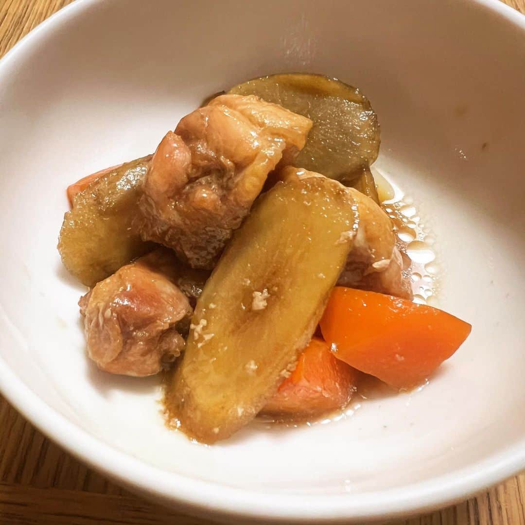 竹井亮介のインスタグラム：「2023年4月24日。 鶏とごぼうとにんじんの煮物。 #とっつぁん料理」