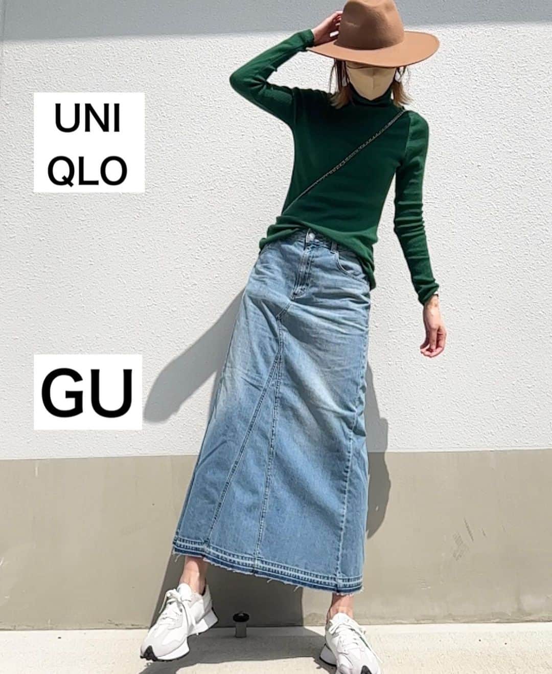 asuka0119のインスタグラム：「丈が心配で買うか迷ってた #ジーユー のスカート  ワンサイズあげてMを腰履きしたらいけた😍😍😍  薄手だからかさばらないし とにかく可愛い♥️  knit  #uniqlo  #ユニクロ  #エクストラファインメリノリブタートルネックセーター  skirt  #gu  #デニムaラインロングスカート   #ユニクロきれいめ部  #ユニジョ #アラフォー #アラフォーコーデ  #プチプラコーデ  #プチプラ高見えコーデ  #ユニクロコーデ #ユニクロ購入品  #高身長コーデ  #高身長女子  #高身長#locari #上下ユニクロ部  #着回しコーデ #uniqloginza2023ss #ユニクロ23春夏何買った  #春コーデ #推しユニクロ2023 #キャップコーデ」