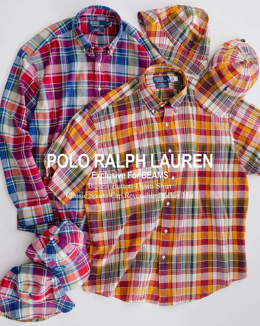beams_harajuku_officialのインスタグラム：「… POLO RALPH LAUREN For BEAMS 4.29（Sat.）Release . 2019年のファーストリリース以降、ひねりの効いたアプローチで話題をさらう〈POLO RALPH LAUREN〉の別注シリーズ。  第10弾のコレクションは、初登場となる”マドラスチェック”と大好評の”ビッグフィットTシャツ”の新作コレクションをリリースします。  爽やかなマドラスチェックは、カラフルなインドマドラスを使用した4型をラインナップ。シルエットはリラックス感のあるビッグフィットで、〈BEAMS〉別注の象徴として、ポロ ポニーを右胸に移動しました。 好評のビッグフィットTシャツも、ロゴを右胸に移動するアイデアをそのままに、ボディは、ヘビーウェイトな厚手のファブリックを採用したタフなつくりに。また、首周りをよりタイトに仕上げアップデートを施しました。  今年の春夏シーズンの主役となるアイテムは、4月29日（土）より〈BEAMS〉、〈BEAMS BOY〉レーベル取り扱い店舗(一部地域を除く)、BEAMS公式オンラインショップにて発売します。 . Photography_ @swdknt Hair_ @yoshikazumiyamoto . @poloralphlauren @beams_official @beams_mens_casual @beams_boy_official #poloralphlauren #beams」