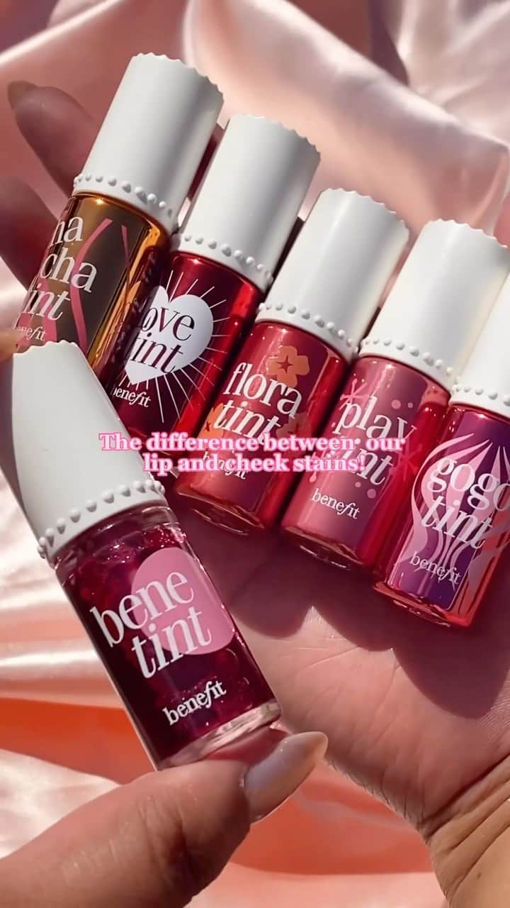 Benefit Cosmeticsのインスタグラム：「Show lips and cheeks some love 🥰 We have 6 rich lip and cheek stains that you can rock all spring long! ⁠ ⁠ ❤️ #benetint rose tinted shade⁠ 🧡 #chachatint mango sheen⁠ ❤️‍🔥 #lovetint fiery-red shade⁠ 💗 #floratint desert-rose shade⁠ 💖 #playtint pink lemonade shade⁠ 💘 #gogotint cherry-red shade⁠ ⁠ #benefitcosmetics #makeup #beauty #glam #blush #tints」