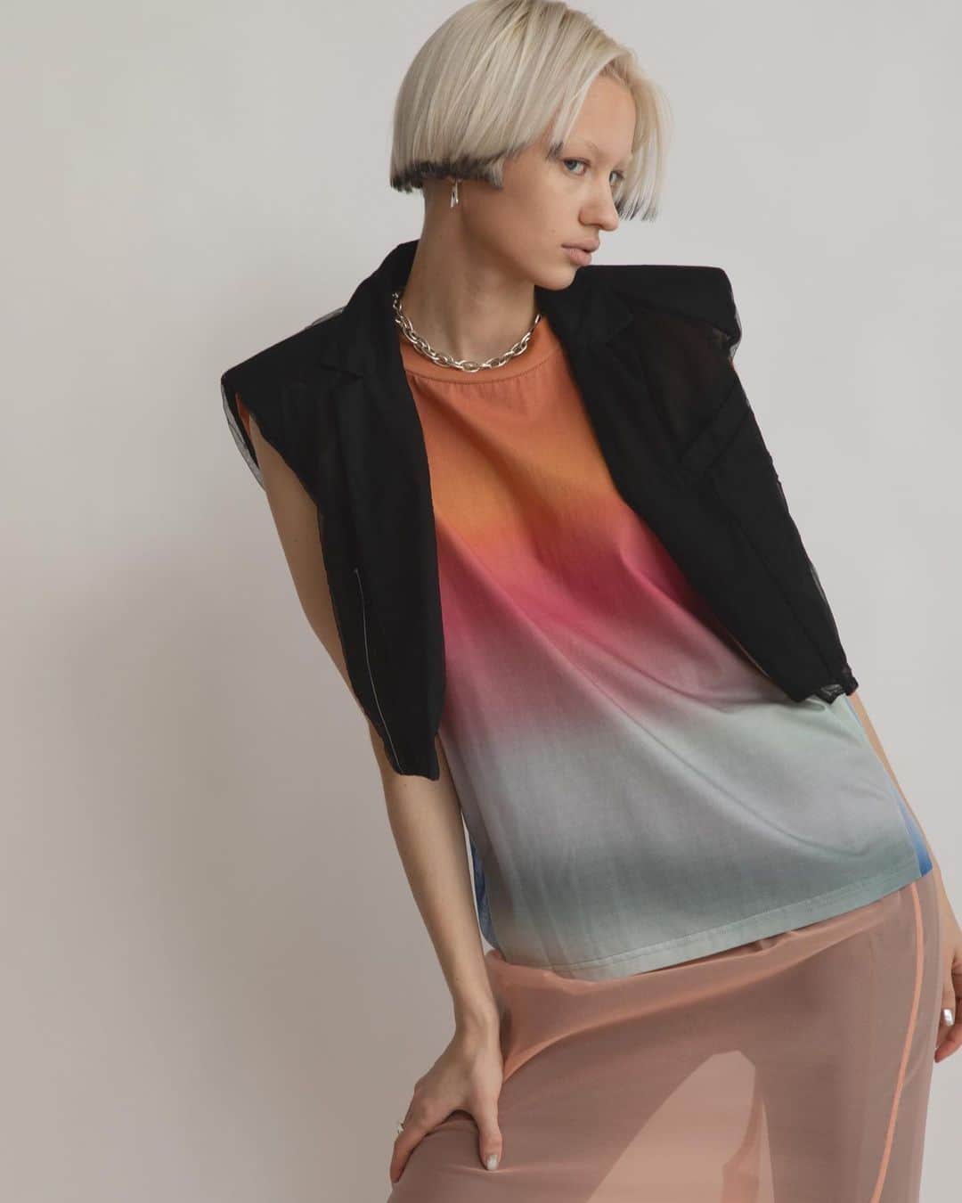 AULA AILAのインスタグラム：「【2023 HIGH SUMMER COLLECTION】  GRADATION T-SHIRT COLOR ORANGE SIZE 0 ¥15,400  4色のグラデーションプリントTシャツ。 パワーショルダーから裾に向かって脇でゆるいドレープが出るようにし、抜け感のあるシルエットに。 肩パットは、着用シーンや体型に合わせて取り外しが可能。 後ろはダブルジップ開きで、あえてジップを開けてインナーや素肌を覗かせるアレンジもおすすめ。  SHEER TAILOR SHORT VEST COLOR BLACK SIZE 0 ¥18,700  表がチュール、裏がソフトオーガンジーの2枚仕立ての、シアーテーラーベスト。 左のテーラーカラーは、ダーツから繋がる変形襟で、アシンメトリーです。  胸ポケットの袋布が裾から除くデザインや、ダーツを表に出し配色ステッチを入れるなど、細かいディテールにこだわった他にはないデザイン。 肩パットや、縫い目、ポケット袋布の透けや、襟や胸ポケットなど、重なる部分のシアー感が洗練された大人な印象。   ✔️AULA AILA OFFICIAL WEB STOREにて HIGH SUMMER COLLECTIONアイテム展開中！」