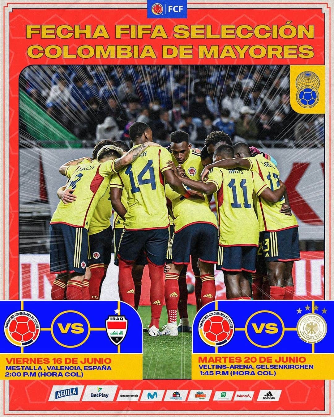 サッカー コロンビア代表チームのインスタグラム：「➡️ 𝙁𝙚𝙘𝙝𝙖 𝙁𝙄𝙁𝘼 𝙟𝙪𝙣𝙞𝙤 𝙎𝙚𝙡𝙚𝙘𝙘𝙞𝙤́𝙣 𝘾𝙤𝙡𝙤𝙢𝙗𝙞𝙖 𝙙𝙚 𝙈𝙖𝙮𝙤𝙧𝙚𝙨  Nuestra Selección jugará 2 partidos amistosos el próximo mes de junio 🆚 Irak 🇮🇶 y Alemania 🇩🇪  #TodosSomosColombia 🇨🇴」