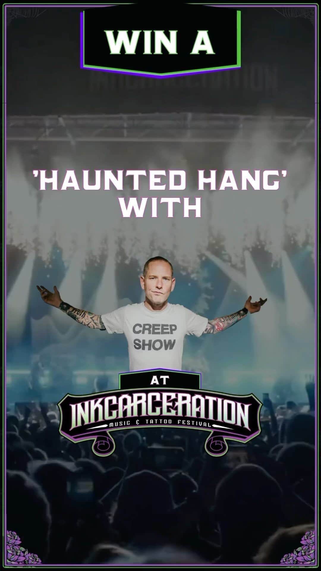 コリィ・テイラーのインスタグラム：「Win a trip to @inkcarcerationfestival and join me for a private tour of the “Blood Prison” Haunted House at the Ohio State Reformatory!   Donate to my @thetaylorfoundation to support veterans and emergency personnel living with PTSD and you could win round trip travel to the festival, hotel, signed guitar, two 3-day VIP passes, a haunted hang AND catch our @slipknot set from the side of the stage.   Donate To Win at 👉  fandiem.com/cmft  🤝 @winwithfandiem」