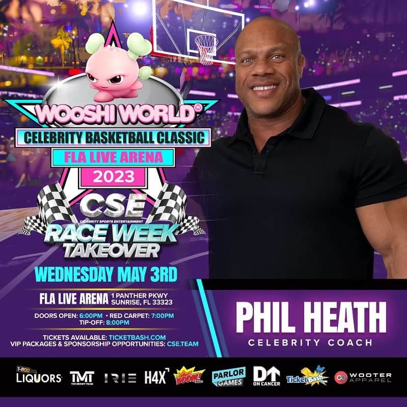 Phil Heathのインスタグラム：「It’s Going Down on Wednesday, May 3rd... The 1st Annual @Wooshi.World Celebrity Basketball Classic @FLALIVEARENA !  Watch Some of The Biggest Star Studded Athletes, Celebrities & Influencers face off on the court in competition for charity‼️  Hosted By: @larsapippen @heirmj523 @theharlemhotboy @irie   Produced By Celebritysportsentertainment   Powered By @1800liquors @themoneyteam @ticketbash @h4xgg @parlor.games @manifestmcclinton @bryantmckinnie @bobbyxtreme @iamvirtuoso @Cbdhealthcarecompany @wooterapparel @bysukii   Benefiting:   @makeawishamerica @makeawishsfla @duponcancer @iriefoundation   🎟Tickets Available Now at TicketBash.com/CSE or at The FLA LIVE ARENA Box Office  📌Sponsorships | Activations | VIP Packages at www.CSE.team  #F1 #Formula1 #RaceWeek #Miami #Celebrity #Sports #Entertainment #1800Liquors #CSE #TeamBoomCups #TheMoneyTeam #MakTaxProfessionals #PhilHeath」