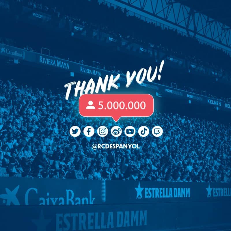 RCDエスパニョールのインスタグラム：「5⃣.0⃣0⃣0⃣.0⃣0⃣0⃣  👏 𝗦𝘂𝗽𝗲𝗿𝗲𝗺 𝗲𝗹𝘀 𝟱𝗠 𝗱𝗲 𝘀𝗲𝗴𝘂𝗶𝗱𝗼𝗿𝘀 𝗮 𝗹𝗲𝘀 𝗻𝗼𝘀𝘁𝗿𝗲𝘀 𝘅𝗮𝗿𝘅𝗲𝘀 𝘀𝗼𝗰𝗶𝗮𝗹𝘀!  🚀 Gràcies, família perica!」