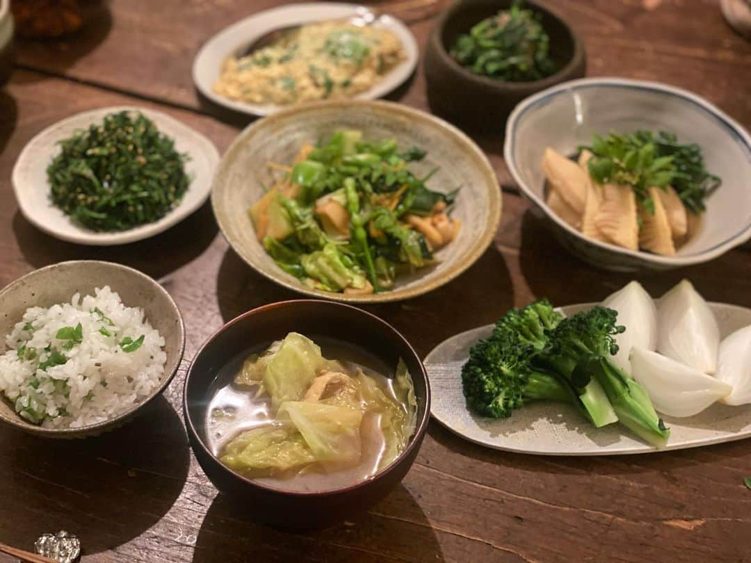 青山有紀さんのインスタグラム写真 - (青山有紀Instagram)「山の野草たっぷりのごはん🌿 春は食べてデトックス✨  コシアブラごはん カラスノエンドウのナムル 田ゼリとほうれん草お浸し ミツバとワケギと山椒入りだし巻き たけのこと菜花のたいたん ダイコンのつぼみ、たけのこ、ブロッコリー、キャベツの生姜いため 蒸し新玉ねぎとブロッコリー🥦 キャベツとお揚げのお味噌汁 #青山有紀ごはん」4月25日 14時46分 - yukiaoya