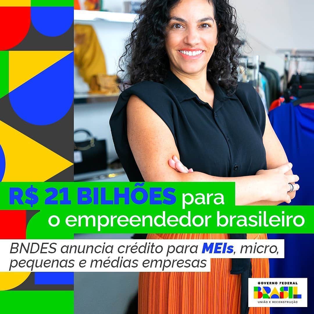 のインスタグラム：「#Repost @governodobrasil  R$ 21 bilhões para o empreendedorismo brasileiro! Foi anunciada no dia 18/04 uma linha de crédito para MEIs, micro, pequenos e médios empresários, pelo Banco Nacional de Desenvolvimento Econômico e Social (BNDES). Os novos créditos são garantidos pelo Programa Emergencial de Acesso a Crédito (FGI PEAC) e estão disponíveis nas 46 Instituições Financeiras habilitadas pelo BNDES para empréstimos. Conceder crédito aos pequenos negócios, que permanecem com apetite por mais empréstimos, é uma medida de caráter anticíclico que contribui para mitigar os efeitos da retração de crédito na economia brasileira. O Governo Federal acredita e apoia o empreendedor. O Brasil voltou, com crédito e confiança.」
