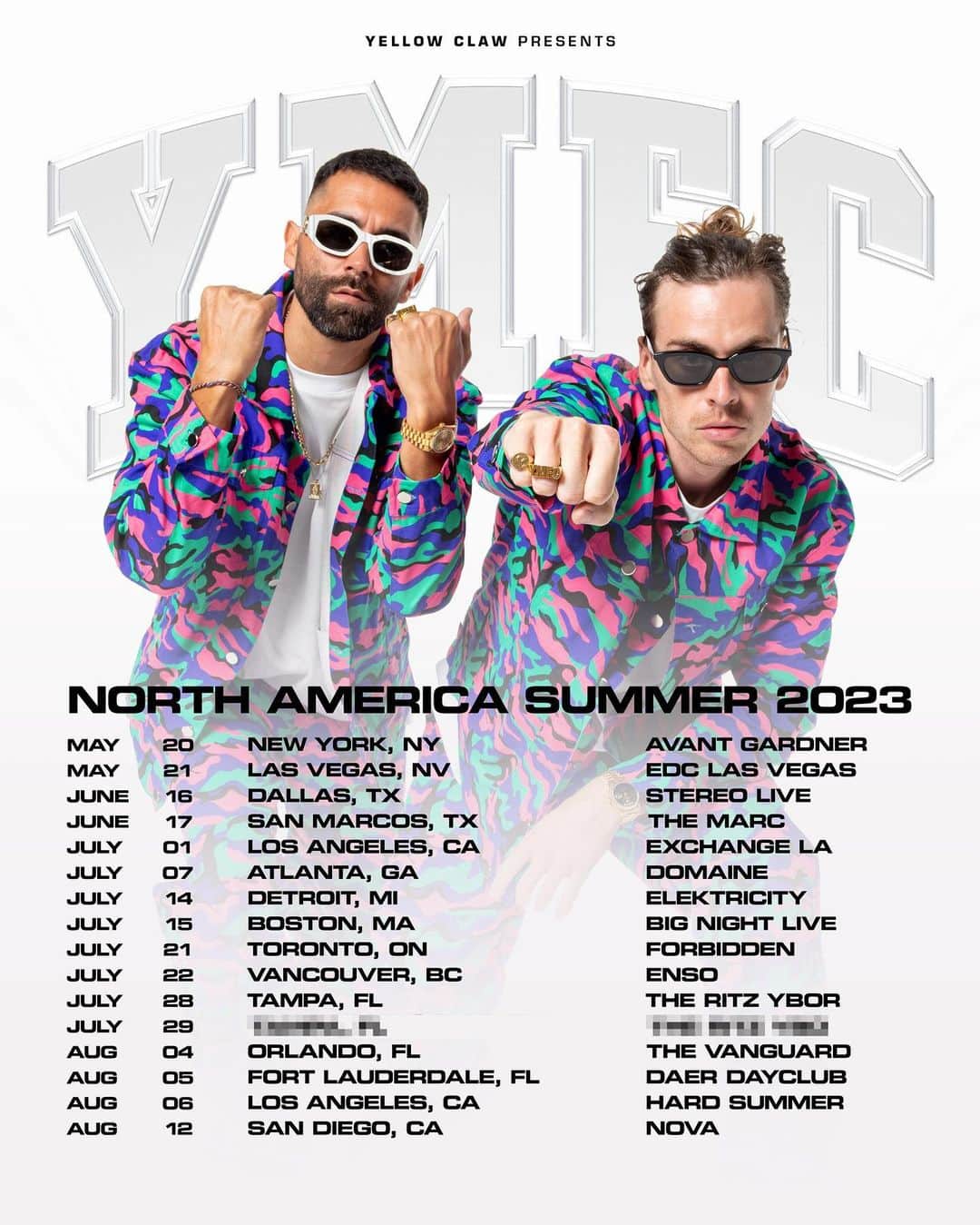 Yellow M.F. Clawのインスタグラム：「THE FORECAST FOR THIS SUMMER WILL BE HARD HITTING TRAP SOUNDS 🫣🇺🇸 WE ARE HAPPY TO ANNOUNCE THAT THE PRESALE OF THIS TOUR STARTS TOMORROW 9AM PT AND THE GENERAL SALE FRIDAY 9AM PT. CLICK THE LINK IN OUR BIO TO GET ACCESS TO THE EARLY PRESALE. SEE YOU SOON ❤️」