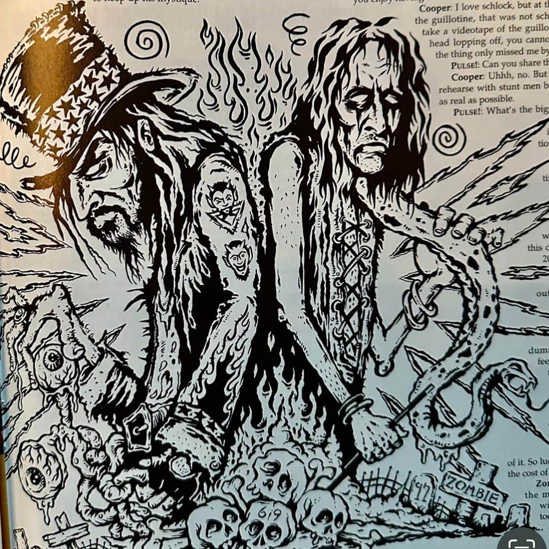 ロブ・ゾンビのインスタグラム：「Back in 1997 I did this illustration of me and the Coop for PULSE! The official magazine of TOWER RECORDS. Good times. #robzombie #alicecooper #freaksonparadetour #towerrecords」