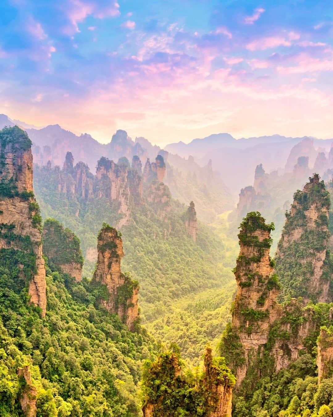 Rosetta Stoneのインスタグラム：「Renowned for its surreal stone summits and otherworldly structures that soar into the heavens, #TianziMountain (天子山) is nestled within Zhangjiajie National Forest Park (张家界国家森林公园) in the Hunan Province of China. It attracts millions of visitors annually.  Here are 4 interesting facts about Tianzi Mountain:  1. It was formed by sedimentary rocks about 400 million years ago. The rocks have slowly been carved out by water and wind. What’s left behind are the weathered, slender towers (some as tall as about 4,100 feet) that resemble skyscrapers.  2. It gets its name from a Tujia farmer named Xiang Dakun. In 1385, Xiang Dakun led a revolution against Emperor Zhu Yuanzhang, the founder of the Ming Dynasty, and called himself "Xiang Wang Tianzi" (meaning "Son of Heaven"), which is the traditional epithet of the Chinese emperor. They fought for 40 days before they were finally defeated. According to some legends, Xiang Dakun fought until he was forced back to the edge of the mountain’s cliff and fell to his death into the Shentang Gulf. After his death, his lover covered the cliff with flowers, which supposedly explains the flowers that cover the ledges today.   3. The Shentang Gulf (神堂湾) is a bottomless gorge shaped like a bucket. It is surrounded by bluffs, has a dark green pool at the bottom, and still remains untouched by human footprints.   4. The site became even more popular after it inspired the alien landscape of Pandora depicted in the 2009 blockbuster film Avatar. Today, Tianzi Mountain is unofficially called the “Avatar Hallelujah Mountain.”  Would you like to visit this unique site?」