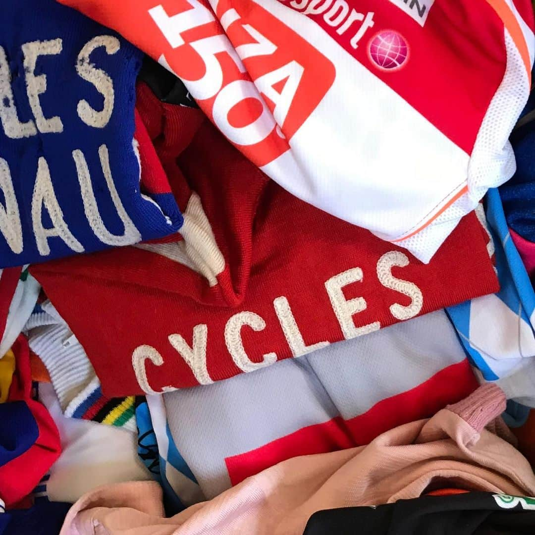 Paul Smithのインスタグラム：「The precariously balanced pile of vintage jerseys in my office is always growing – and it’s what @simonmottramrapha and I turned to when we first started working on the brand new Paul Smith + Rapha collaboration. Our shared passion for the sport was what brought us together over a decade ago when our companies first started working together, and it’s what the new collection is based on: friendships forged on the bike. You can find out all about it over on my grown-up account @paulsmithdesign」