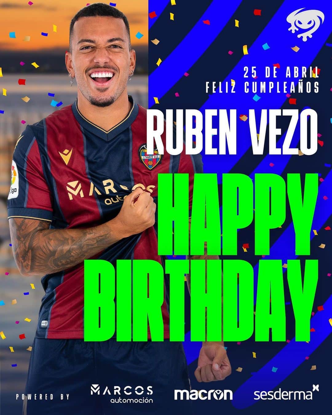 レバンテUDのインスタグラム：「Parabéns, @rubenvezo3!!!   Feliz cumpleaños, amigo 🐸🎂  #OrgullGranota 🔵🔴  • @grupomarcosautomocion @macron @sesderma @baleariaferry @amstel_es @cocacola_esp」