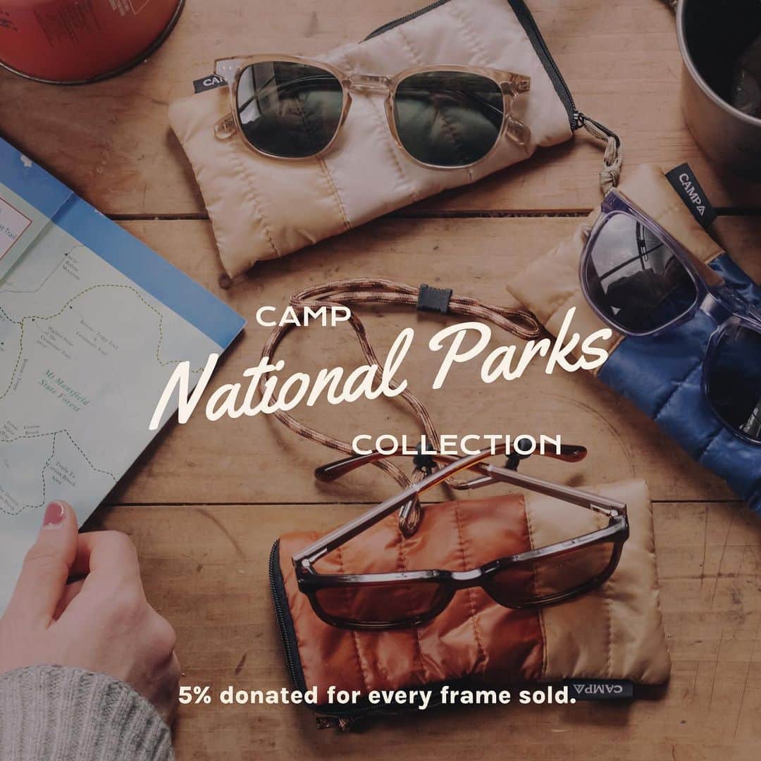 シュウッドのインスタグラム：「We're kicking off #NationalParkWeek with a very special announcement! 🥁  We are proud to introduce the CAMP National Parks Collection; a capsule collection of new CAMP frames & bundles that celebrate four of the most iconic National Parks around the U.S.  Each frame comes with a color-coordinated sleeping bag pouch, sunglasses strap, illustrated cleaning cloth and decorative packaging, with original designs by illustrator and designer, Emma Boys (@emmaboysdesign).  With every purchase of the CAMP National Parks Collection, we will donate 5% of sales to local non-profits working to support each of the four parks recognized in this collection.  Use the link in our bio to learn more about the giveback program and shop the collection!」