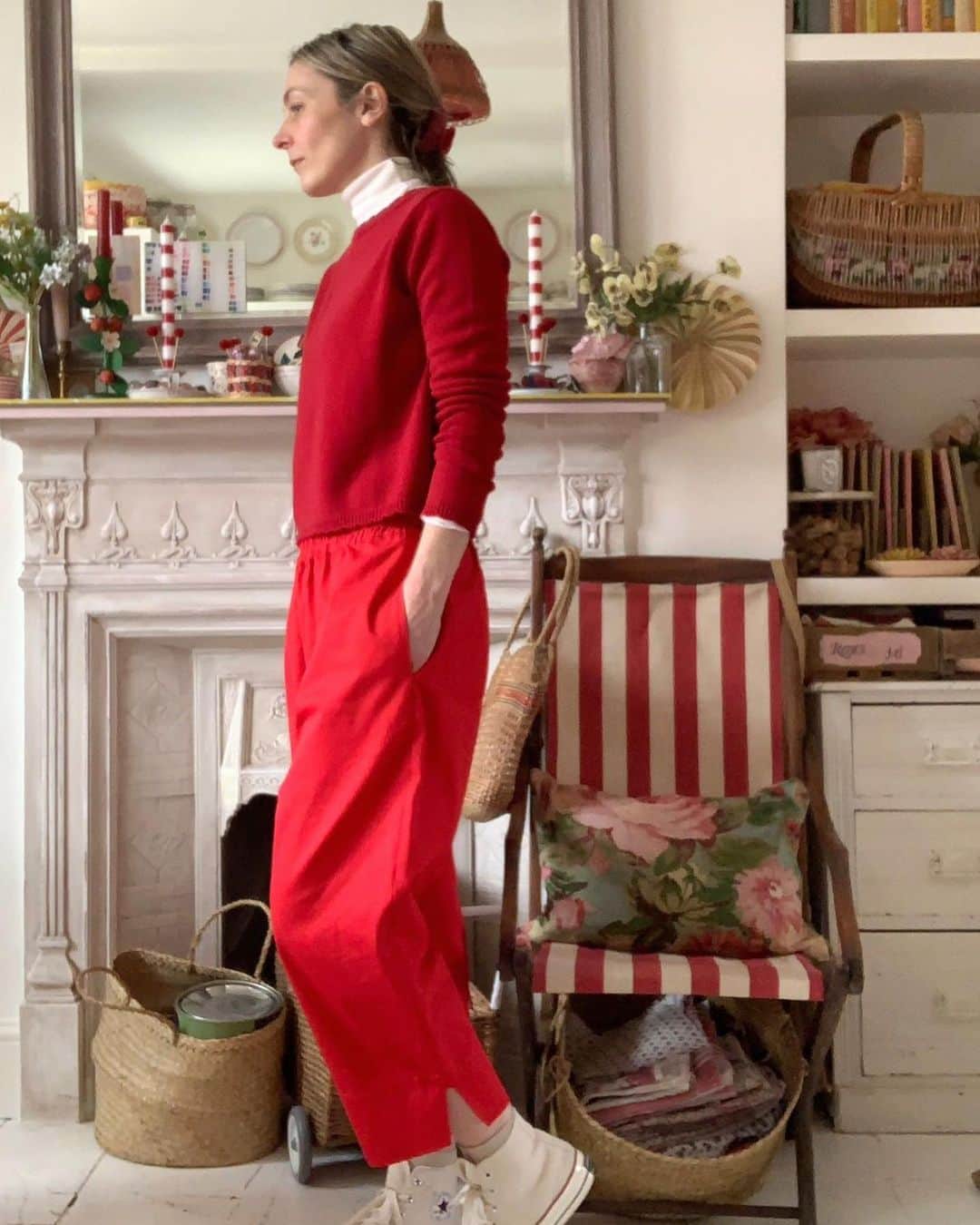 キャベジズ&ローゼズのインスタグラム：「What to wear today ❤️ ⁣ ⁣ #NewArrivals Red Theo trousers and Winnifred Sweater worn beautifully by our creative director @violet_dent ❤️🤍❤️⁣ ⁣ #CabbagesandRoses #SS23 #ThisGloriousLife」