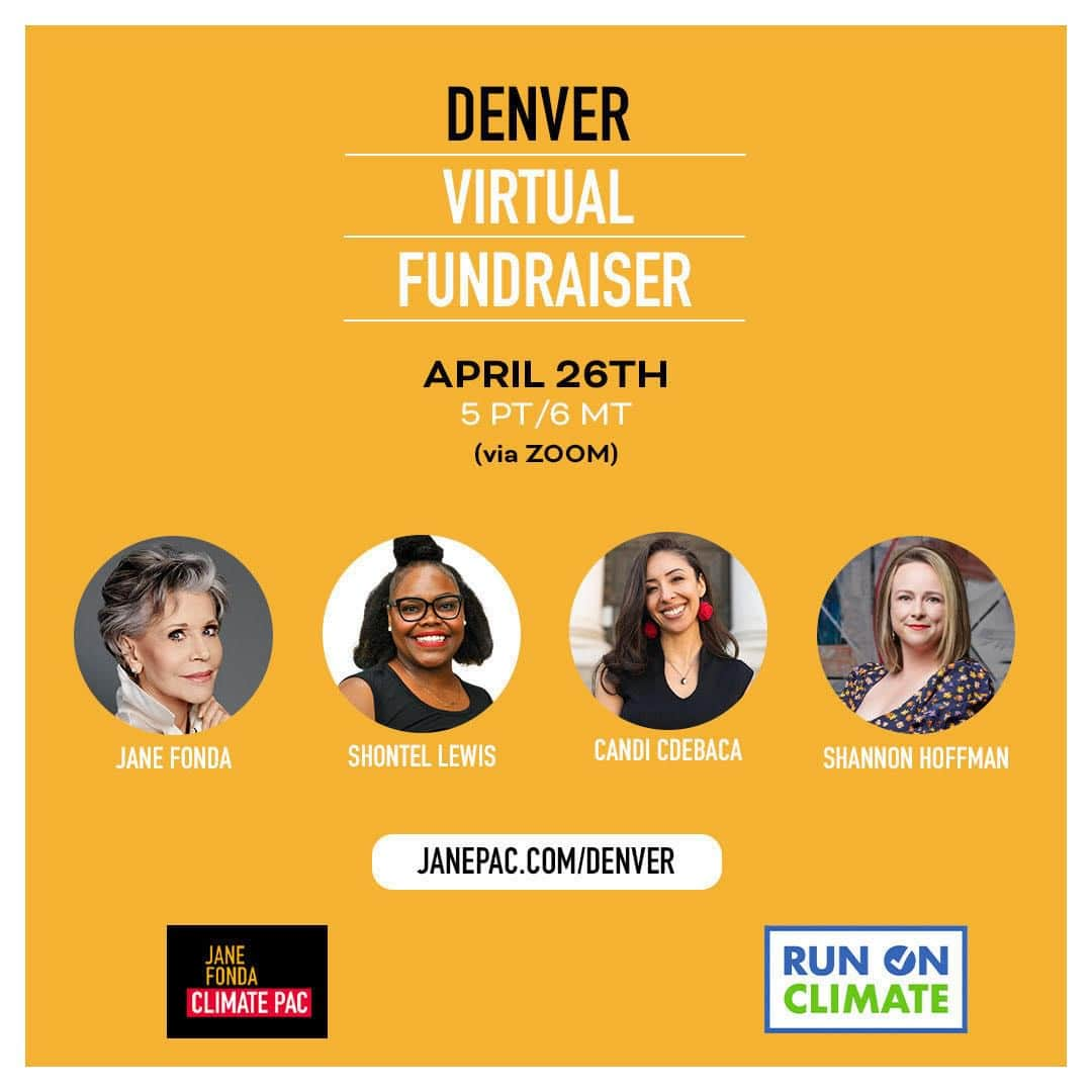 ジェーン・フォンダのインスタグラム：「Please join me, @janefondaclimatepac  and @runonclimate tomorrow as we discuss the future of Denver Climate policy, and raise funds for our Denver Climate Champions ahead of the June 6 runoff!  Janepac.com/Denver」