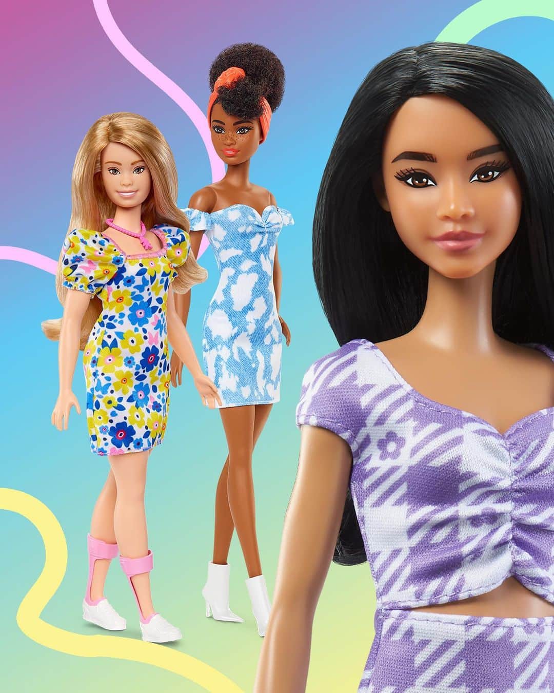 バービーのインスタグラム：「Barbie is for everyone 💕 As our most inclusive and diverse doll line, #Barbie Fashion Dolls are constantly redefining what it means to look like and be Barbie. ​  With a variety of skin tones, hair textures, body types, disabilities, and fashions, kids can play out even more stories that reflect themselves and the world around them, and reshape their imagination of what’s possible.」