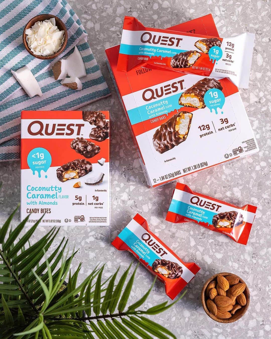 questnutritionのインスタグラム：「DOUBLE TAP to welcome the Coconutty Candy Bites & Candy Bar! 🥥😋🍫 Enjoy chucks of real coconut, caramel, & almonds covered in a chocolatey coating for a sweet & satisfying candy experience. 😍 • Candy Bites: <1g sugar, 5g protein, & 1g net carb per bite. Available online & in stores at @Amazon, QuestNutrition.com, @Target,  Walmart (online only), @HyVee (Midwest), @Wegmans (Northeast, Mid-Atlantic), & your local health/nutrition stores nationwide. * Candy Bars: 1g sugar, 12g protein, & 3g net carbs per bar. Available online & in stores at @Amazon, QuestNutrition.com, @HyVee, @meijerstores (Midwest), @VitaminShoppe, & your local health/nutrition stores nationwide. #OnaQuest #QuestNutrition」