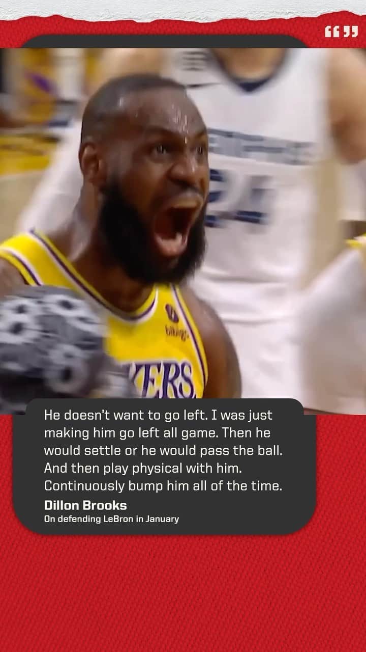 espnのインスタグラム：「Dillon Brooks said this about guarding LeBron earlier this year. Last night, LeBron took him left to seal the W 😤」