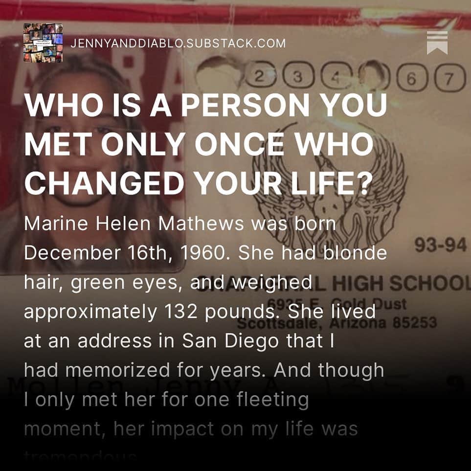 ジェニー・モレンのインスタグラム：「Diablo asked, "Who is a person you only met once who changed your life?" NEW POST. Link in bio」