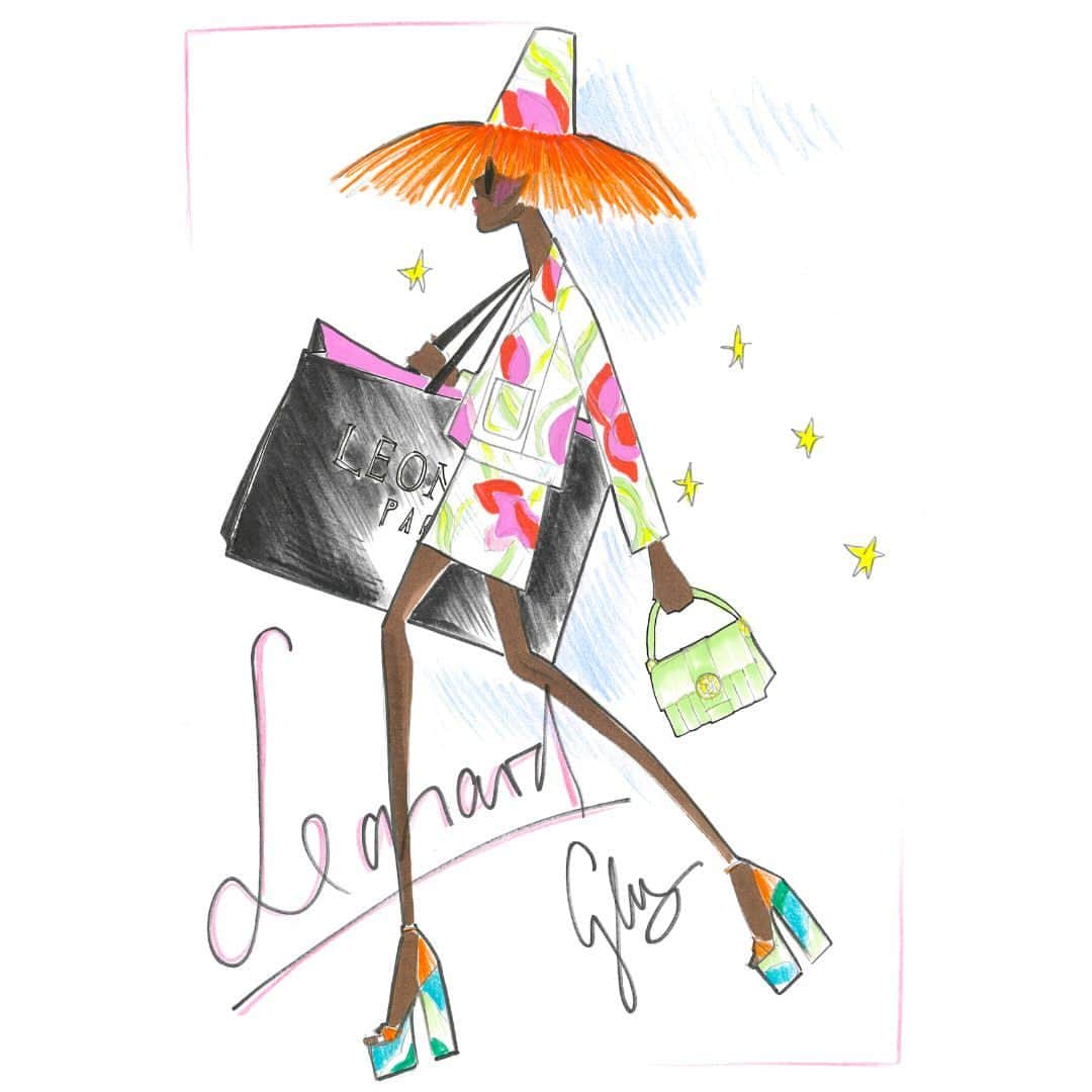 のインスタグラム：「Croquis de Georg Lux / Veste UGUETTE, jupe ULRIK, sac ELYSEE. ** Sketch by Georg Lux / UGUETTE jacket, ULRIK skirt, ELYSEE bag.  #LEONARD #LEONARDPARIS #LeonardSS23 #SS23 #SpringSummer23 #GeorgLux」