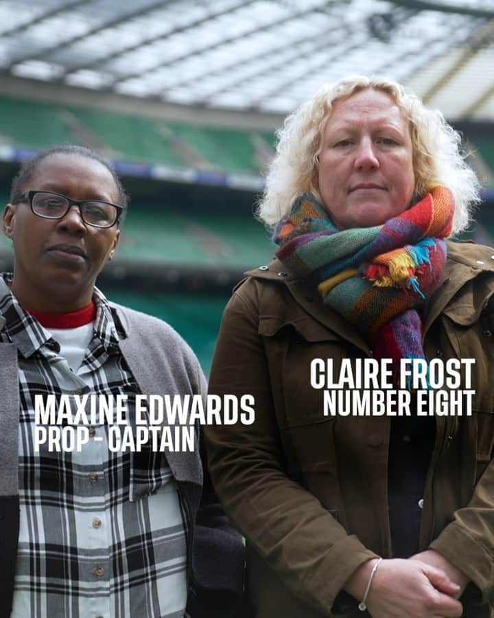 ラグビーイングランド代表のインスタグラム：「The trailblazers 🔥  20 years since the Red Roses played their first fixture at Twickenham Stadium, captain Maxine Edwards and tryscorer Claire Frost return to relive a special day  #RedRoses」