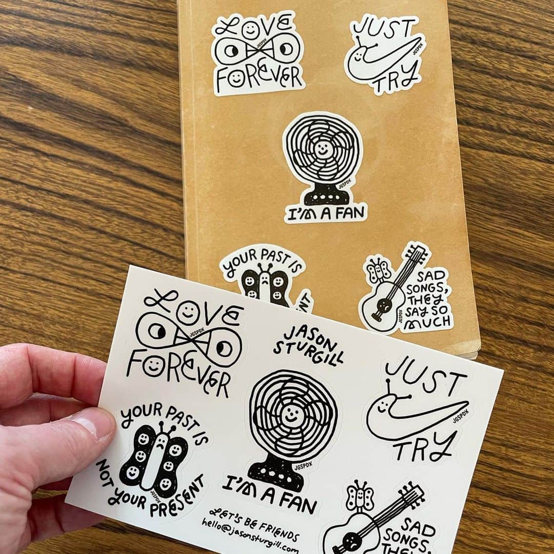 Jason G. Sturgillのインスタグラム：「Made some sticker sheets. Not shipping them so you have to be local and I’ll give you one if you buy me a coffee. 😜」