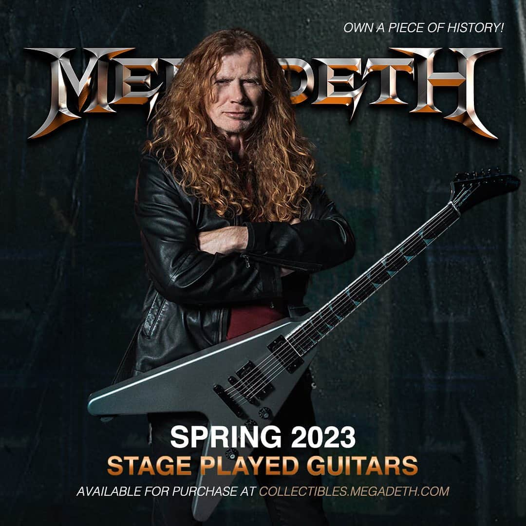 Megadethのインスタグラム：「OWN A PIECE OF HISTORY!  Every night on the upcoming Crush The World Tour, @davemustaine will play his Gibson Flying V™ EXP Silver Metallic Signature Series guitar, and @kikoloureiro will play his KIKO10BP Ibanez Signature Series during Symphony of Destruction. 🇨🇦  YOU can own one of these stage played guitars. Reserve yours today and pick up at the show.   Head to collectibles.megadeth.com now to claim.」