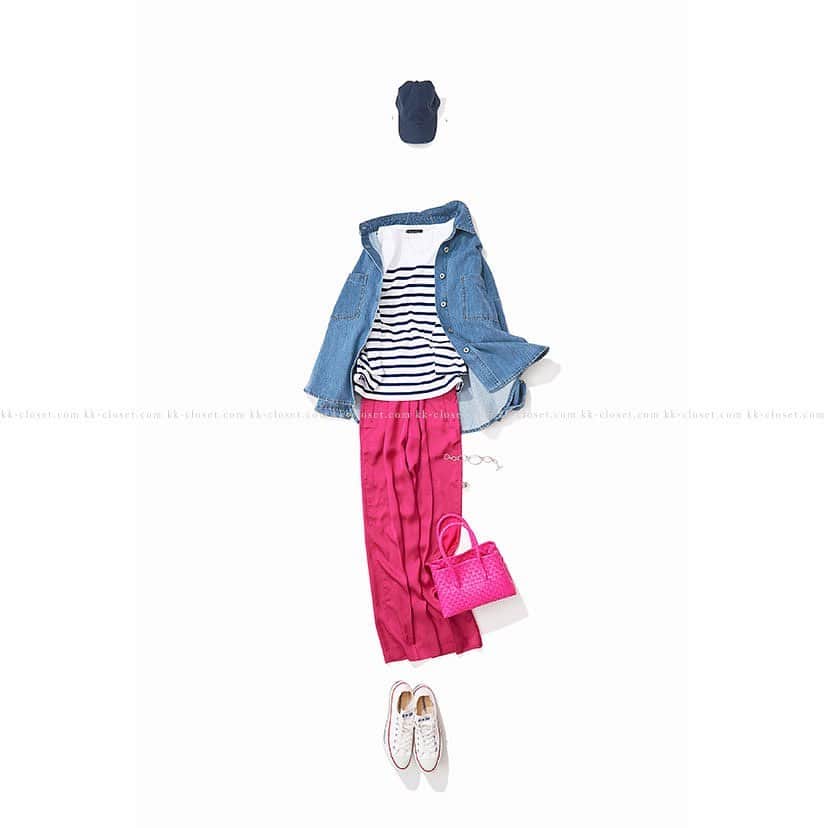 のインスタグラム：「・ NEW♦️Coordinate  ・ 2023-04-26 ・ Happyトリコロール ・ outer : #blui tops :  #leminor #miran pants : #berwich accessory : #marascalise #ninaandjules bag : #baliwerkstatte shoes : #converse other : #blui ・ #kkcloset #kkshop #菊池京子 #kyokokikuchi #coordinate #コーディネート #code #ootd #happy #follow #outfit #kotd #カジュアル #style #fashion #ファッション  #リング　#jewelry #pink #キャップ　#italy #サテンパンツ」