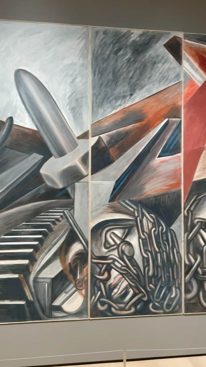 ニューヨーク近代美術館のインスタグラム：「🧩 A painting puzzle with more than one solution…  This large-scale piece by José Clemente Orozco can be arranged in any order, with six different arrangements preferred by the artist. The artist painted the six nine by three feet panels (each weighing more than 450 pounds) over a period of ten days on site at MoMA in 1940, often working  in front of Museum visitors. In devising a system of panels that could be rearranged in any order, Orozco invented a radical new way of making paintings.  Though he specified that the panels are interchangeable, until now the Museum has always shown them in the configuration that Orozco originally devised. So it was with great excitement last month that we reordered the panels.  🎨 Eminent Mexican-art scholar James Oles describes the circumstances behind this epic, mutable artwork on #MoMAMagazine, link in bio. 🎨 See the piece in its new configuration in Gallery 522: Responding to War.  — José Clemente Orozco. “Dive Bomber and Tank.” 1940. Commissioned through the Abby Aldrich Rockefeller Fund. © 2023 José Clemente Orozco / Artists Rights Society (ARS), New York / SOMAAP, Mexico」