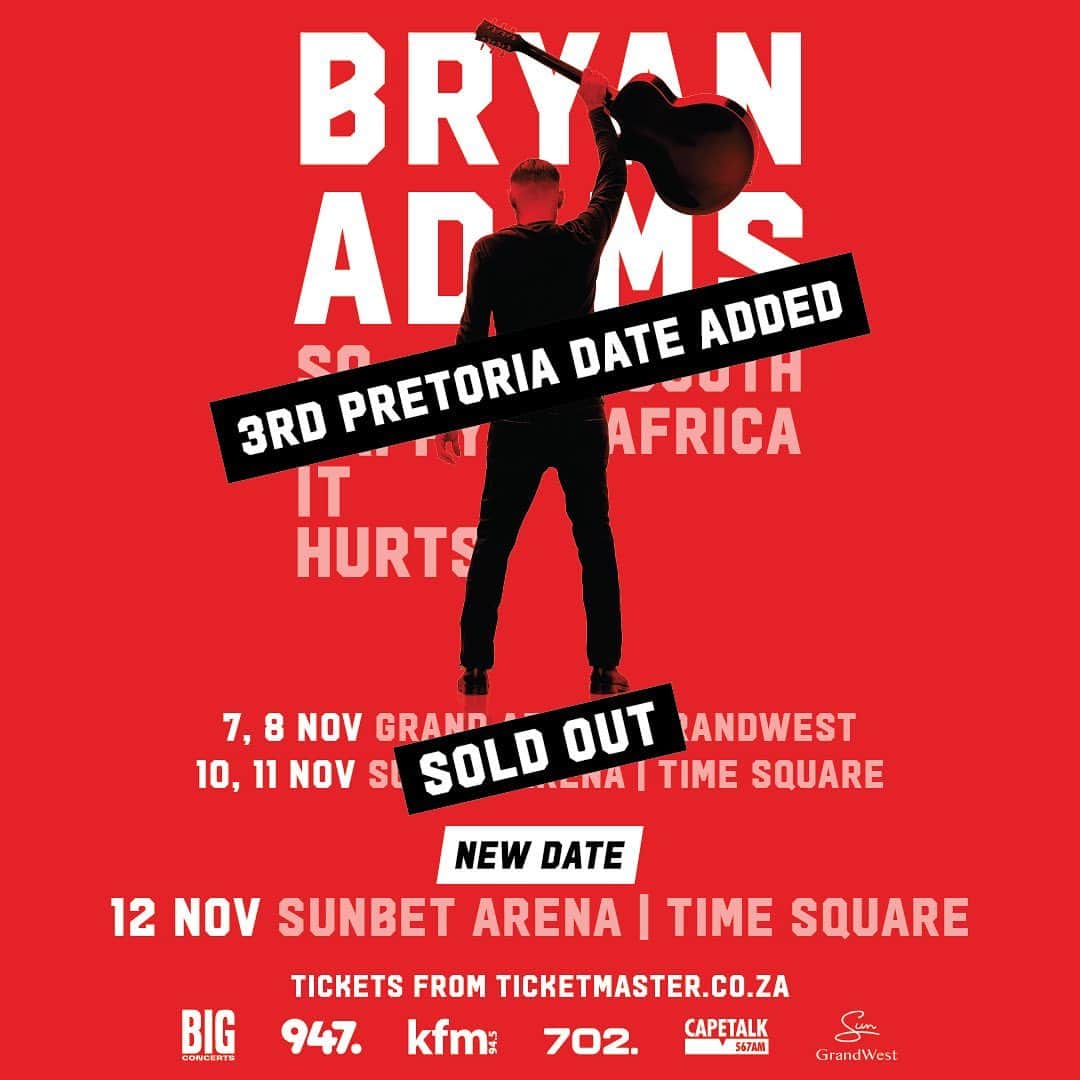 ブライアン・アダムスのインスタグラム：「The first four shows in South Africa have sold out. ⭐️ A 3rd date in Pretoria is now on sale here: https://www.ticketmaster.co.za/.../bryan-adams-tickets/1629」
