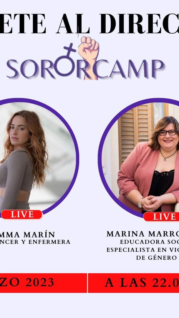 ジェマ・マリンのインスタグラム：「SoRORICAMP   Taller Marina Marroqui 💜  Sororidad, amor sano, maltrato y muchas cosas más   Para información : sororicamp@gmail.com」