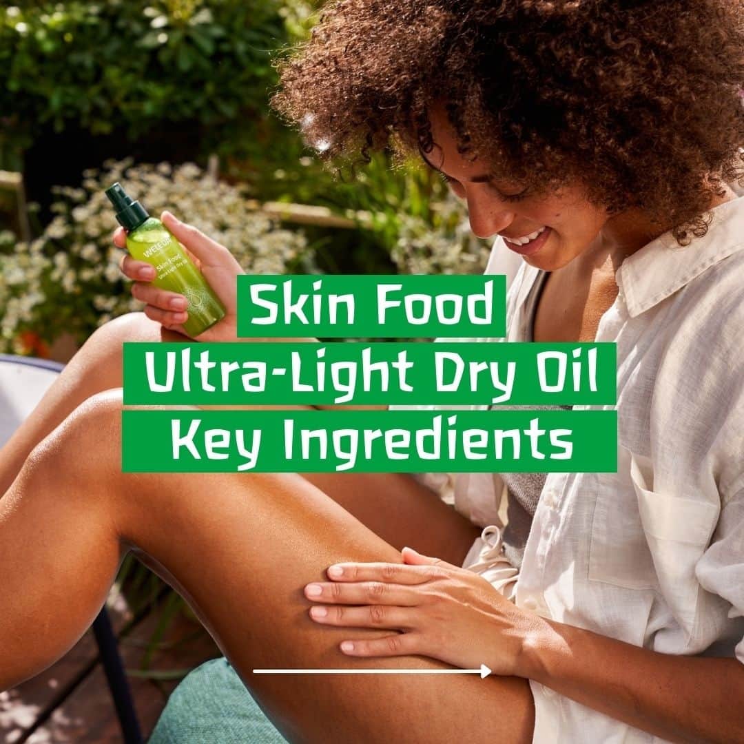 Weledaのインスタグラム：「Swipe to discover the plant-rich ingredients in our NEW Skin Food Ultra-Light Dry Oil!🌿👇🏼⁠ ⁠ Our bi-phase formula shimmers with vitamin rich oils, expertly blended with plant-rich extracts that when combined leaves skin soft and glowing!⁠ ⁠ 🌿 Jojoba Oil: Helps the skin feel smooth and supple through balancing moisture levels.⁠ ⁠ 🌿 Calendula Extract: This bright bloom is a gentle and nourishing botanical with soothing properties.⁠ ⁠ 🌿 Sunflower Seed Oil: Lightweight and high in unsaturated fatty acids, like linoleic and oleic acid, to care for skin.」