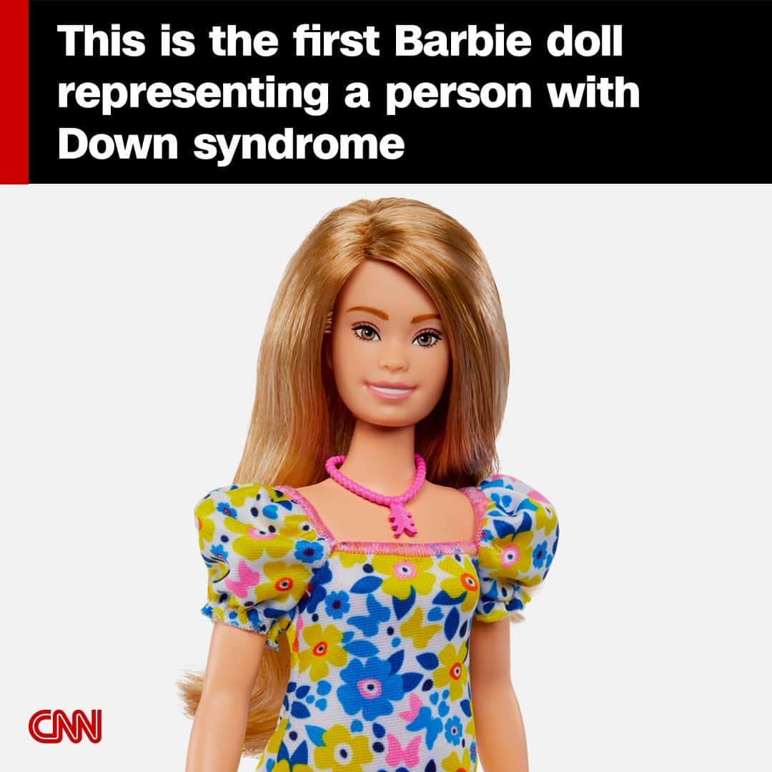 CNNさんのインスタグラム写真 - (CNNInstagram)「Mattel introduced its first-ever version of the Barbie doll representing a person with Down syndrome.  For the newest Barbie Fashionista, Mattel said it closely worked with the National Down Syndrome Society on the doll's shape, features, clothing, accessory and packaging to ensure that it accurately represents a person with Down syndrome. The genetic condition affects cognitive ability, causing mild to severe learning disabilities and distinctive facial characteristics.  The Barbie's puff sleeved dress pattern features butterflies and yellow and blue colors, which are symbols and colors associated with Down syndrome awareness. The doll's pink pendant necklace with three upward chevrons, a symbol that unites the Down syndrome community, represents the three copies of the 21st chromosome which is the genetic material that causes the characteristics associated with Down syndrome.  Tap the link in our bio to read more.  📸: Mattel」4月26日 6時04分 - cnn