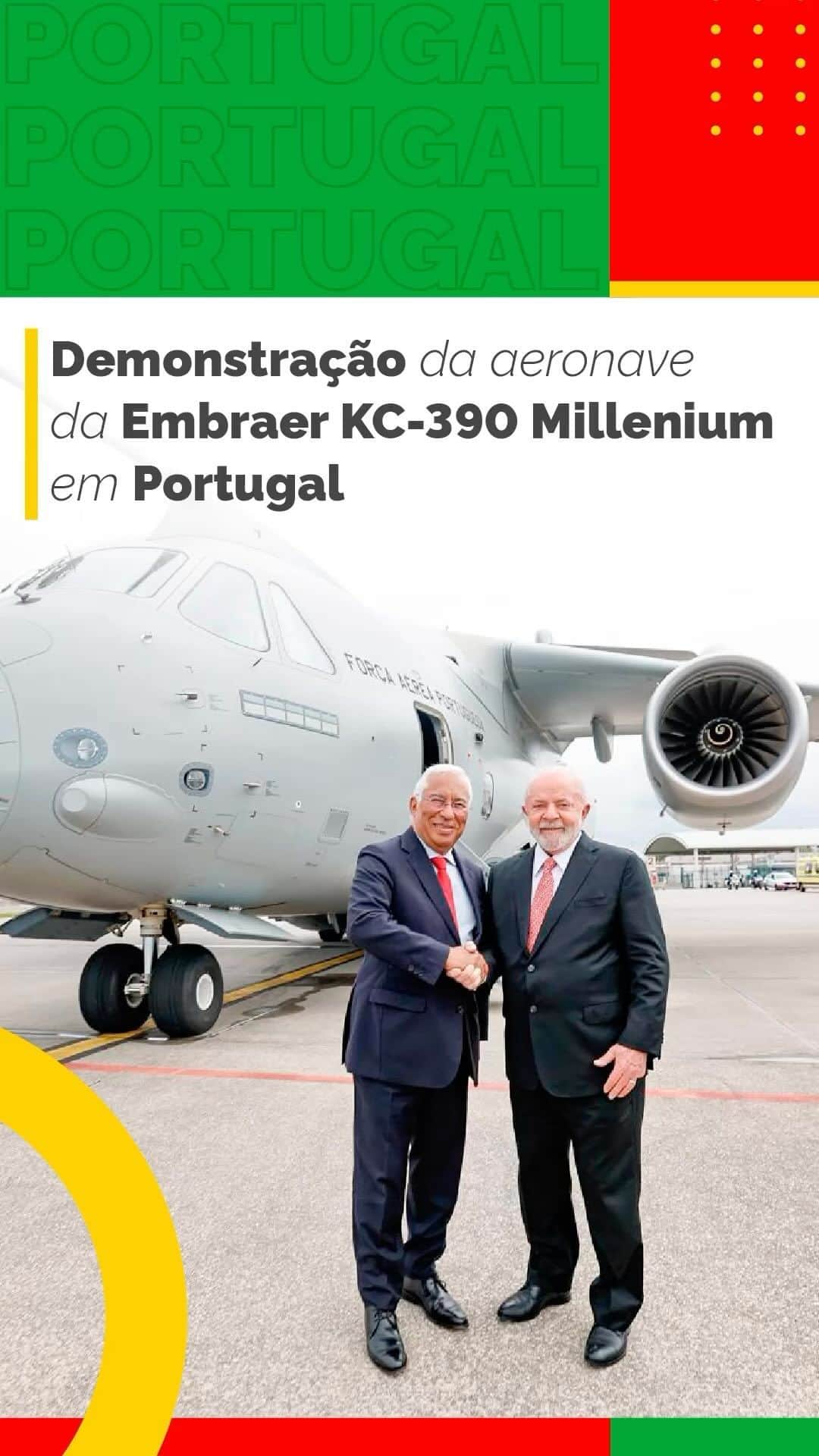 のインスタグラム：「Do Porto a Lisboa, o presidente @LulaOficial e o primeiro-ministro português, @antoniocostapm, viajaram na aeronave KC-390, fabricada pela @embraer para a Força Aérea Portuguesa (FAP).  “É a realização de um sonho. A gente está aqui, inaugurando um avião extraordinário, que é o KC-390. Nós esperamos que, daqui, a gente possa atender o mercado europeu e outros mercados porque é um avião excepcional. É, possivelmente, o mais moderno avião de carga, e eu acho que essa parceria de engenharia entre Brasil e Portugal é uma coisa extraordinária”, afirmou o presidente Lula.   🎥 @ricardostuckert」