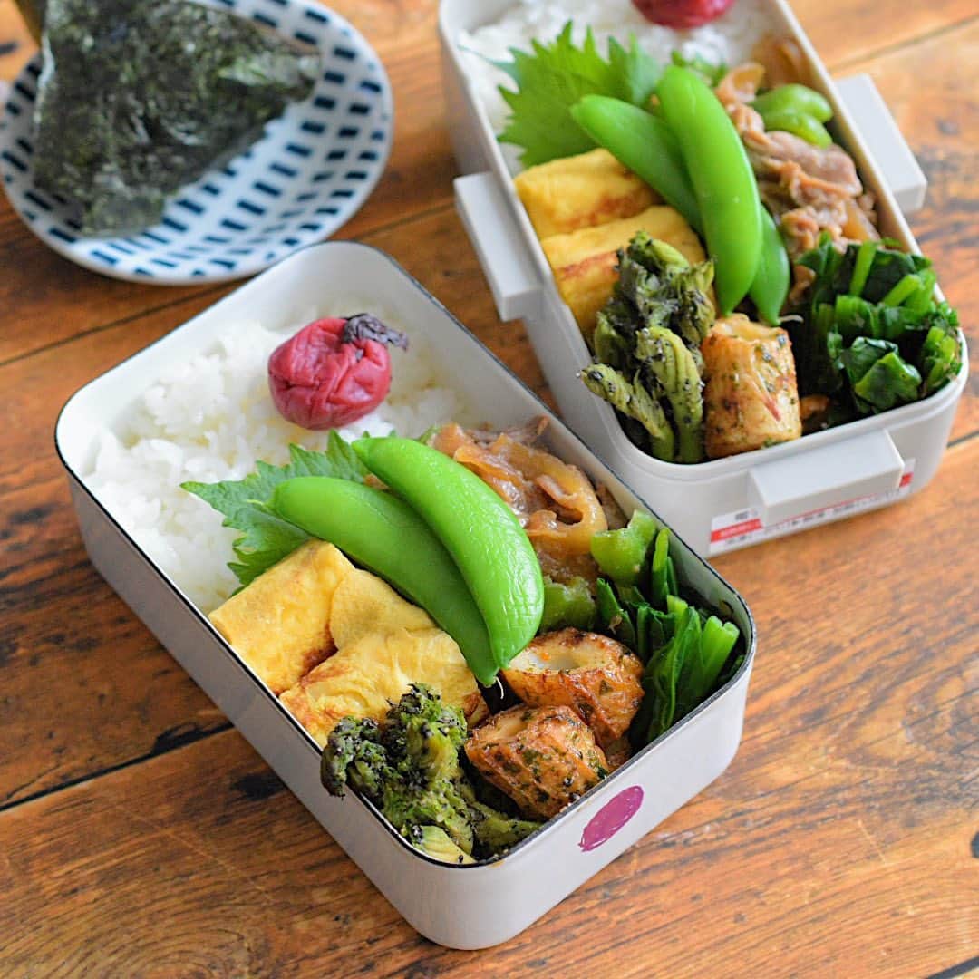 yukiyoのインスタグラム：「2023.4.26* ・ 今日のお弁当 ・ ごはんに梅干し 甘い出汁巻 生姜焼き ほうれん草おひたし 竹輪マヨ醤油七味 タラの芽ごま和え スナップエンドウ おにぎりの具はしらすの佃煮 お味噌汁はお豆腐、わかめ、青ネギ ・ ・ 今週のお弁当はこれでおしまい。 私は今夜移動で明日・明後日お山に行ってきます。 ・ パートナーへのお弁当は冷凍庫に準備済み。 なんなら2日分のお家ご飯も準備済み。 ビールも満タン、サッポロ黒ラベル、アサヒスーパードライ キリンスプリングバレー豊潤を取り揃えてございます。 ・ いつも好き放題泊まりの山行行かせてもらってありがとう。 自由を楽しんでください笑 ・ ・ #間違えて今日から二日間の有給休暇申請してた #今朝慌てて修正 ・ #お弁当 #obento #bento #japanesefood #暮らし #igersjp #クロワッサンお弁当部 #クロワッサン普段弁当 #おむすび #おにぎり #野田琺瑯 #琺瑯弁当 #倉敷意匠」