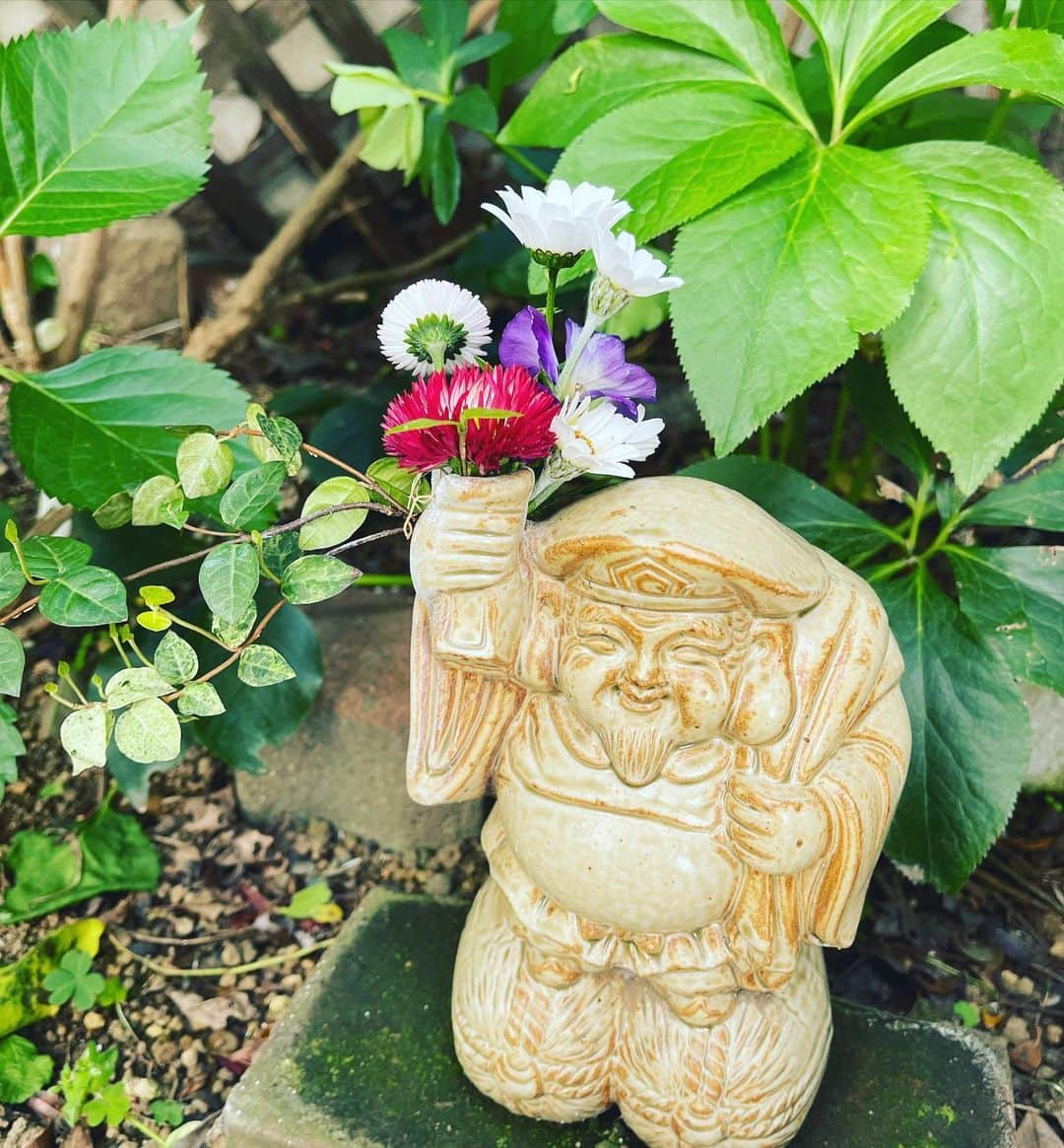 井上侑さんのインスタグラム写真 - (井上侑Instagram)「おはようございます😊🌿  ものすごい速さで  バビュンッ！！！と日々が過ぎてゆきます　　　  外に出るのは、時々近所のスーパーと、家の庭を3周するくらいです  もう少しでBabyさんは外に出られるようになるそうで、お散歩が楽しみです  寒暖の差が大きな毎日ですが、どうぞ皆さま心も身体もほくほくに…♨️お元気でお過ごしくださいまし  #庭　#福の神　でしょうか お花を片手に掲げておいででした…💐☺️  #実家　#母　#gardening #flowers #ハコネウツギ　#パンジー　#ビオラ #寄せ植え　#tulip #rose #なんていい香り🌹🐽✨」4月26日 9時50分 - yuinouehappy