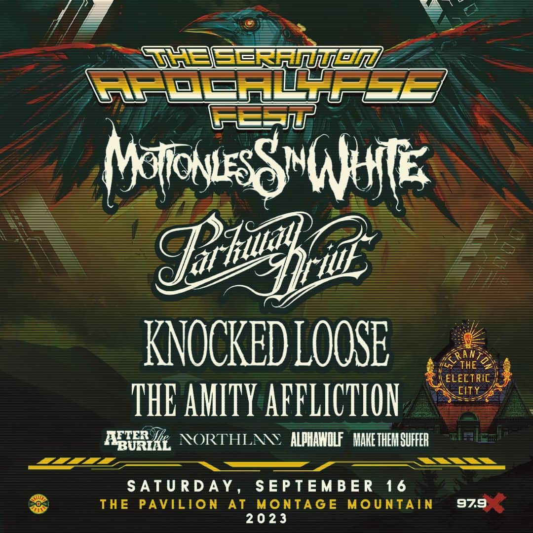 The Amity Afflictionのインスタグラム：「The Scranton Apocalypse Fest with @motionlessinwhite, @parkwaydriveofficial, @knockedloosehc, @northlane & more.  Tickets on sale Friday, April 28 @ 10am Local Time theamityaffliction.net」