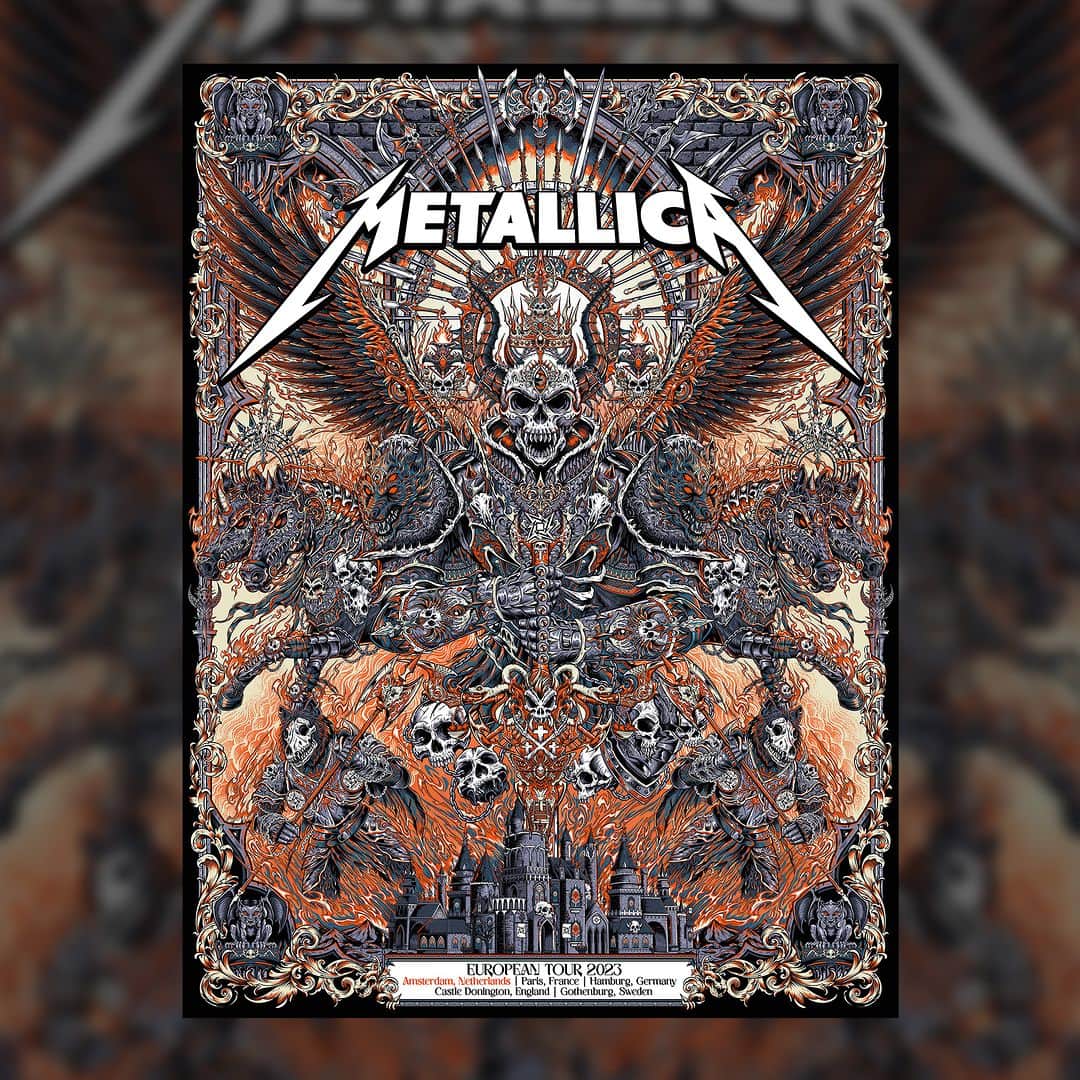メタリカのインスタグラム：「Check out @jml2art_studio’s amazing poster for the 2023 European leg of the #M72 World Tour! A limited number of prints will be available at the #M72Amsterdam Pop-Up Shop each day it’s open.  Visit the shop located at Pop Cult, Kalverstraat 9 in Amsterdam.」