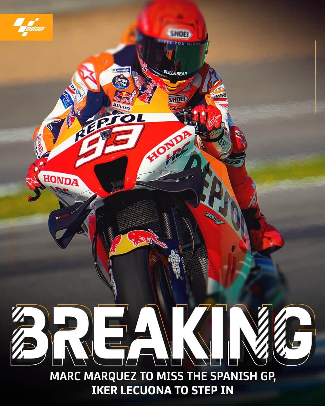 MotoGPさんのインスタグラム写真 - (MotoGPInstagram)「🚨 BREAKING 🚨 @marcmarquez93 will miss the #SpanishGP 🇪🇸 due to his hand injury and @ikerlecuona_27 will replace him ✊ Head to our stories for all the info! 👀  #MotoGP #Motorsport #Motorcycle #Racing #MM93 #MarcMarquez」4月26日 16時56分 - motogp