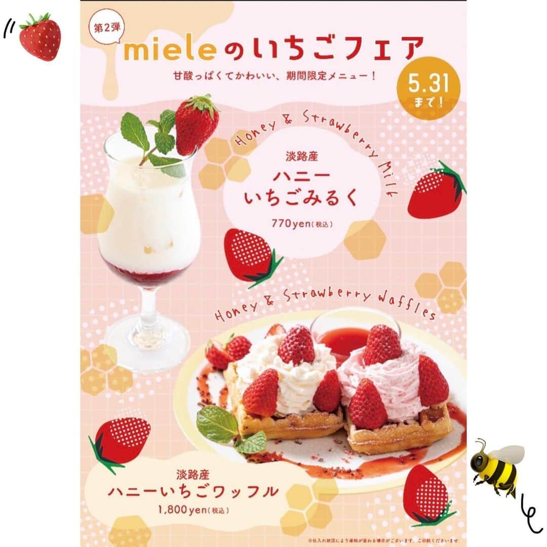 ミエレのインスタグラム：「期間限定メニュー ♥️  ♡ 淡路産 ハニーいちごみるく 770yen(税込)  ♡ 淡路産 ハニーいちごワッフル 1800yen(税込)  味はもちろん、見た目も最高に可愛い 大好評の2つの期間限定商品 🍓 みなさん是非ミエレでご賞味ください 🙌  #ミエレ #miele #淡路島 #西海岸 #淡路島西海岸 #淡路島旅行 #淡路島観光 #淡路島観光 #淡路島旅行 #淡路島グルメ #淡路島カフェ #淡路島ランチ #淡路島ディナー #淡路島デート#カフェ #映えスポット #海の見えるカフェ #いちごフェア #期間限定 #いちごミルク #いちごワッフル」