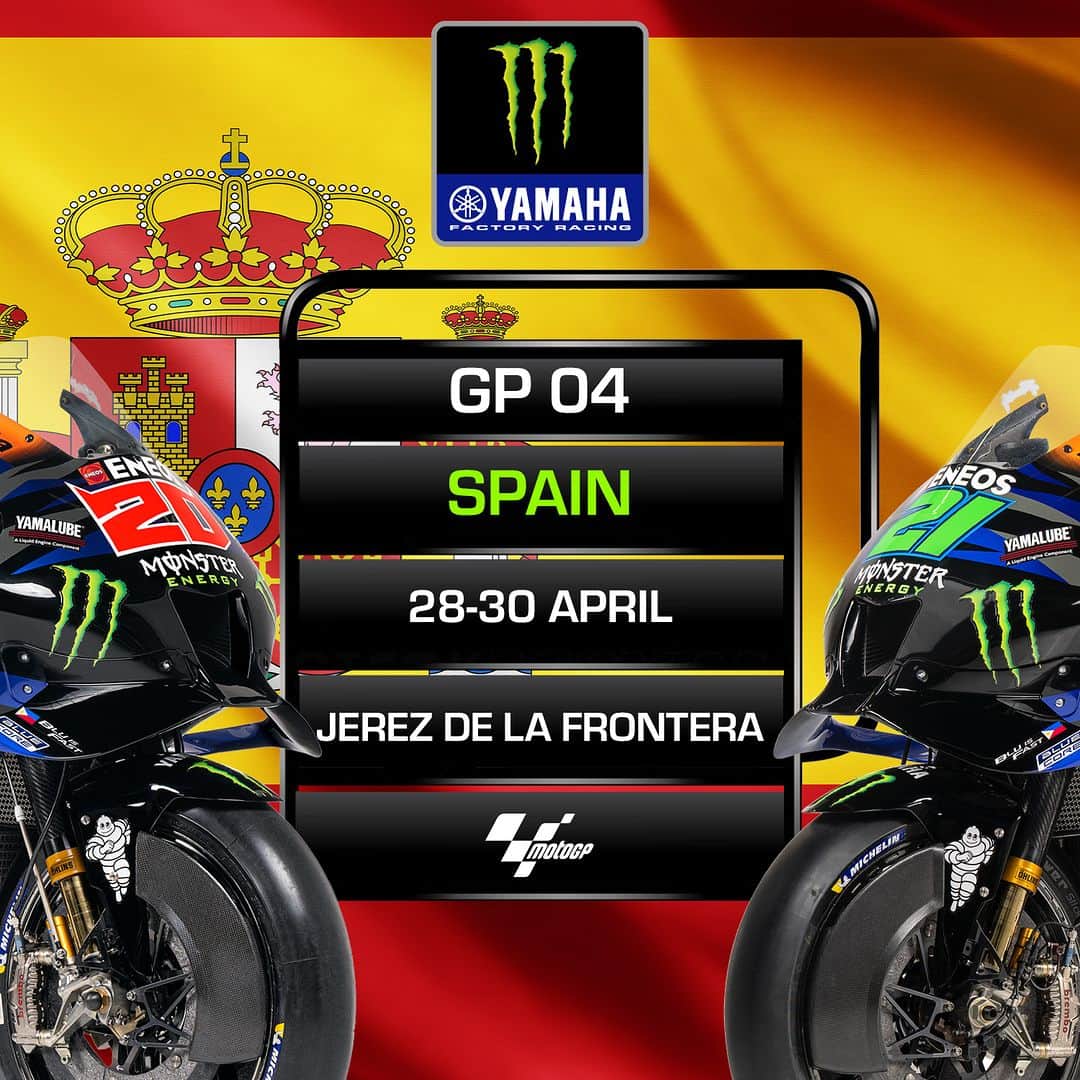 のインスタグラム：「We're back in Europe 👊  Swipe to check out the time schedule 👀   #MonsterYamaha | #MotoGP | #SpanishGP」