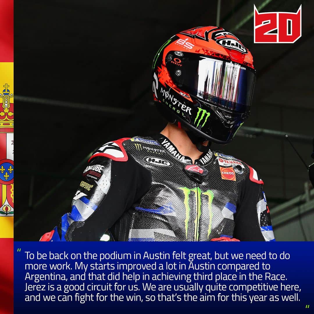のインスタグラム：「@fabioquartararo20 is fresh of the podium in COTA and hungry for more 😋🍴🏆  #MonsterYamaha | #MotoGP | #SpanishGP」